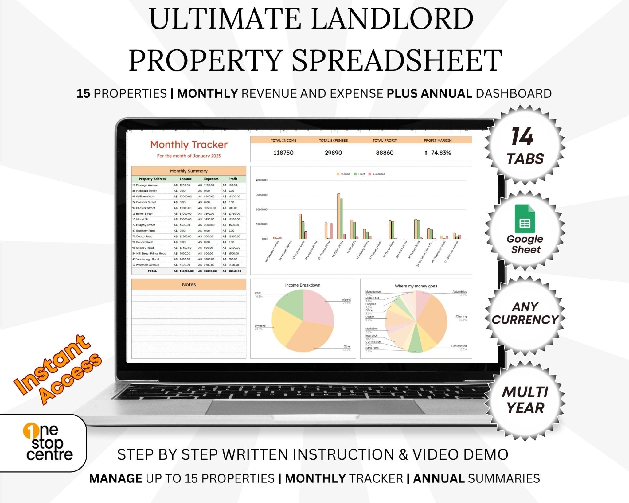 Google Sheets rental property tracker for landlords, track up to 15 properties 
