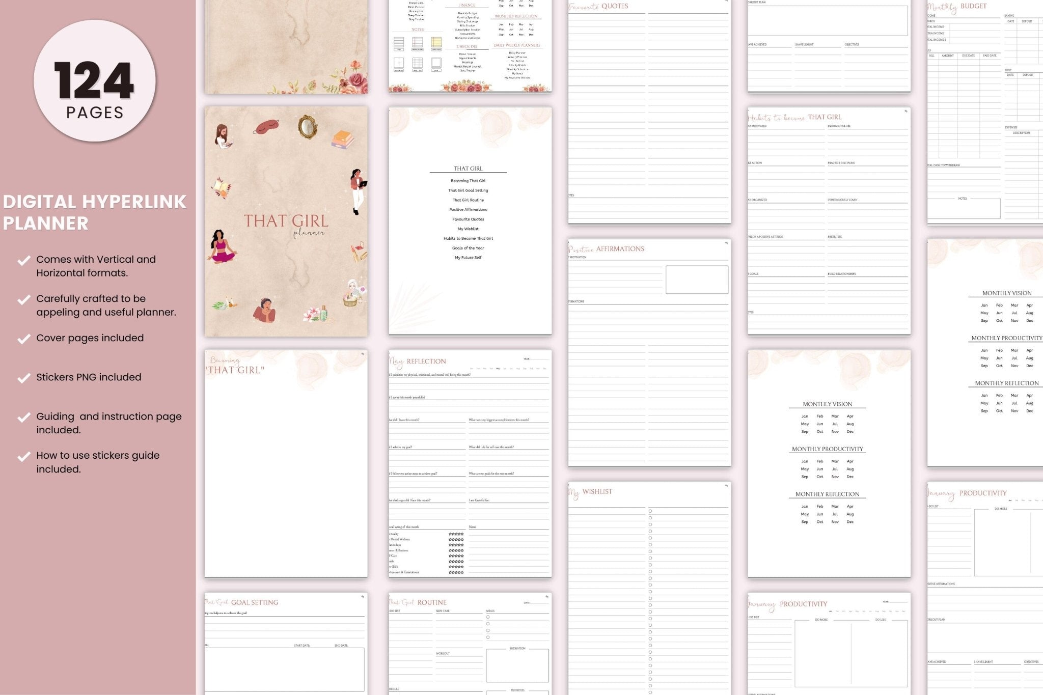 that girl digital planner pages inside the planner, monthly, weekly and daily pages 