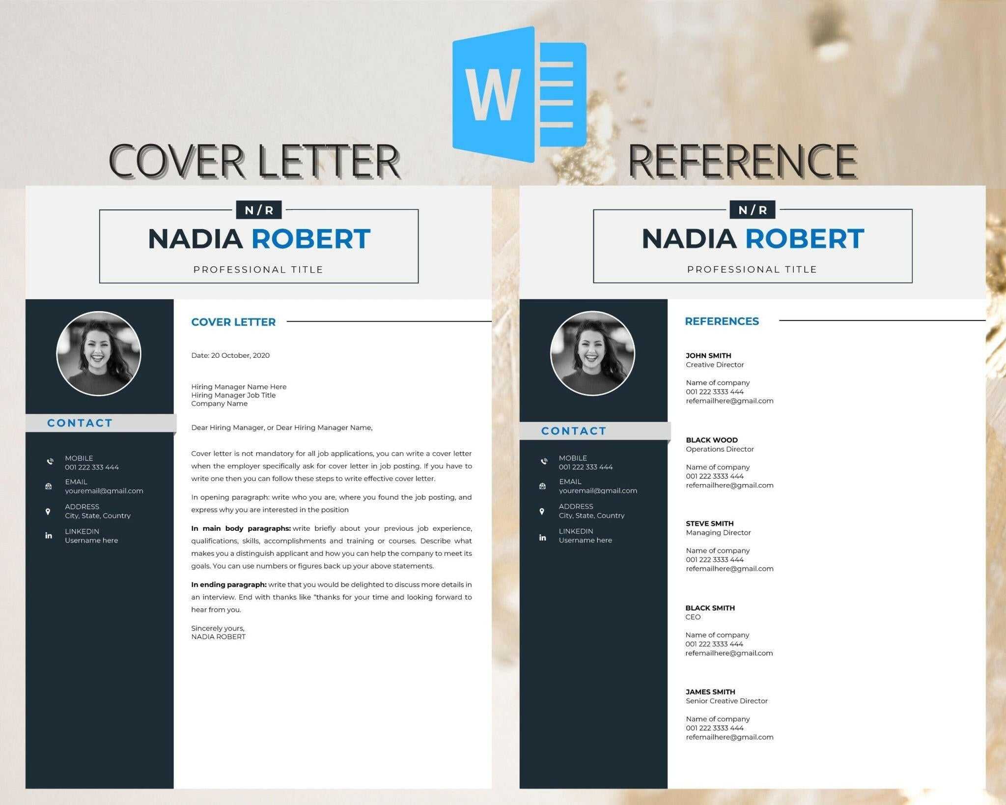 Two resume templates with cover letter and reference sections 