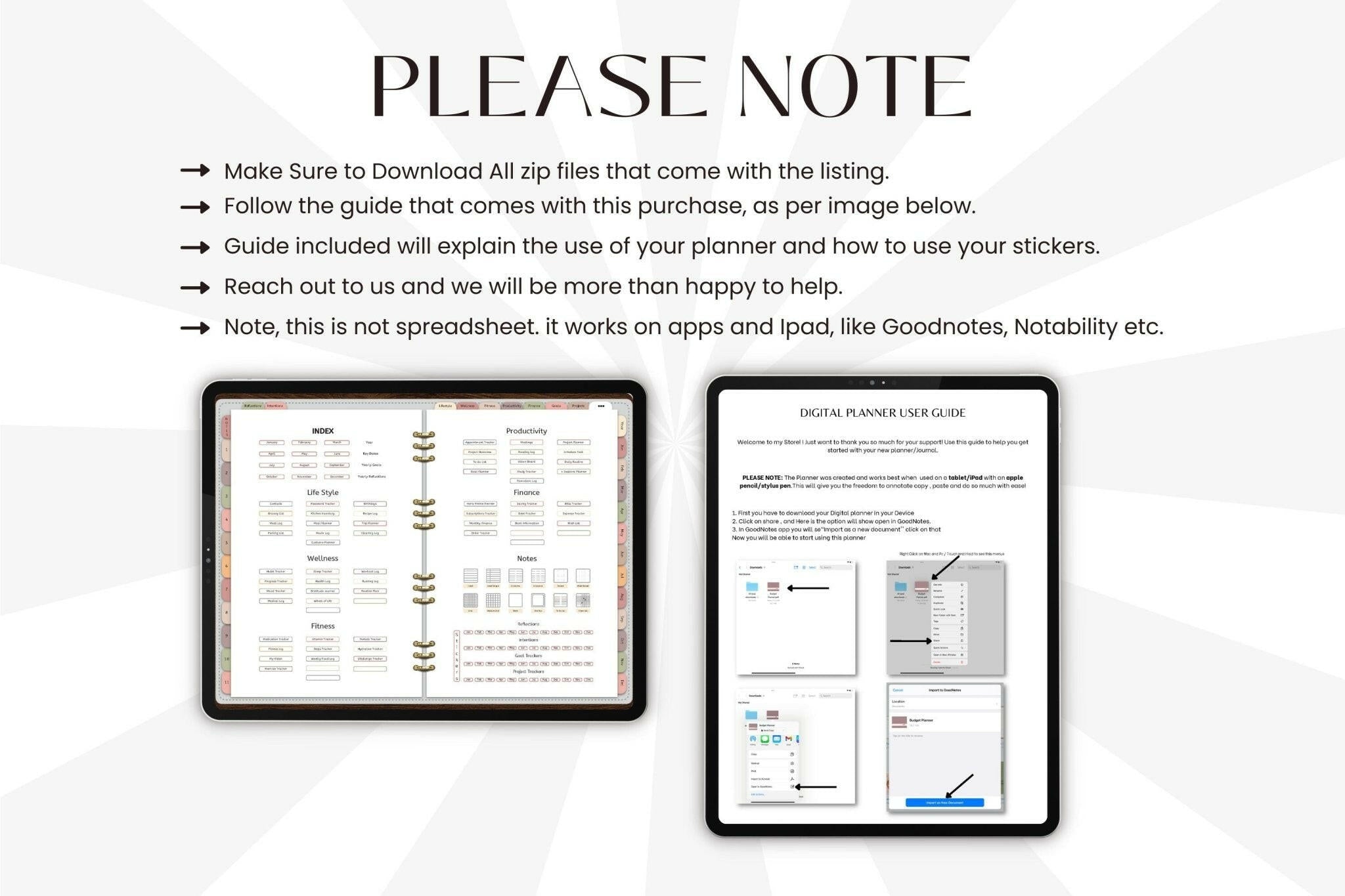 Digital planner user guide displayed on two tablets with text instructions.