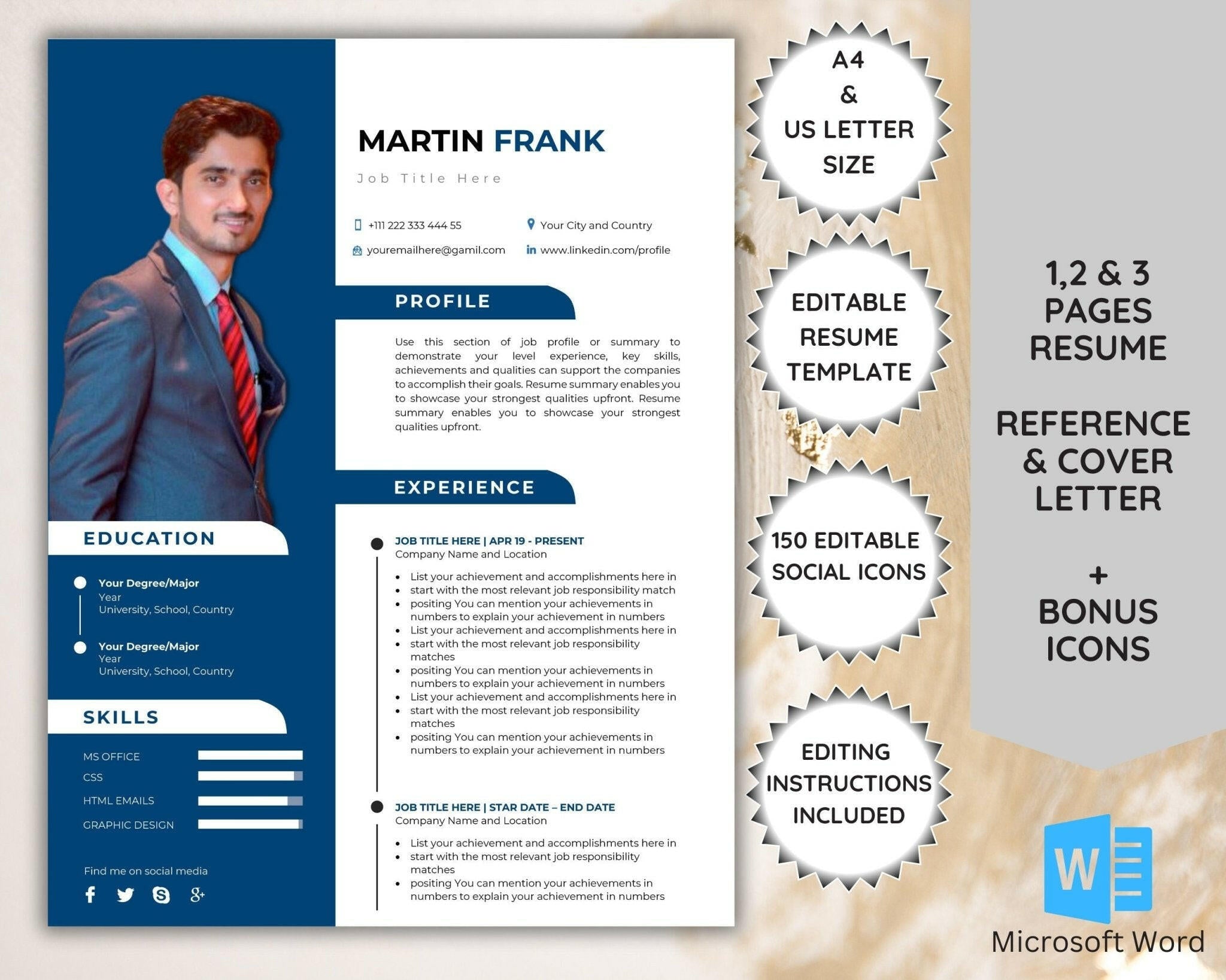 Modern 1-3 page resume template in Microsoft Word.