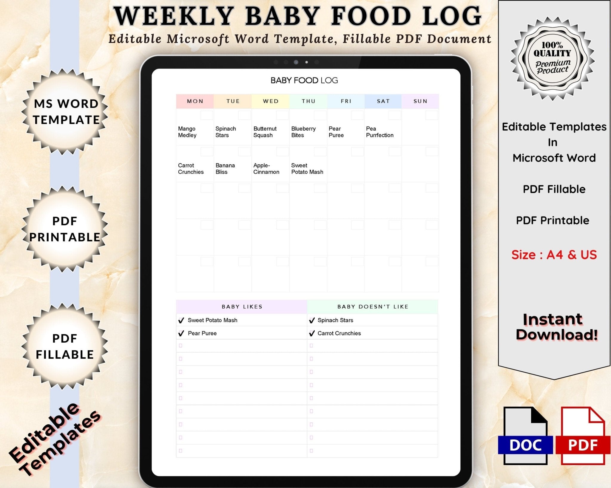 Editable Baby Food Log Template – PDF Fillable & Printable Daily & Weekly Tracker