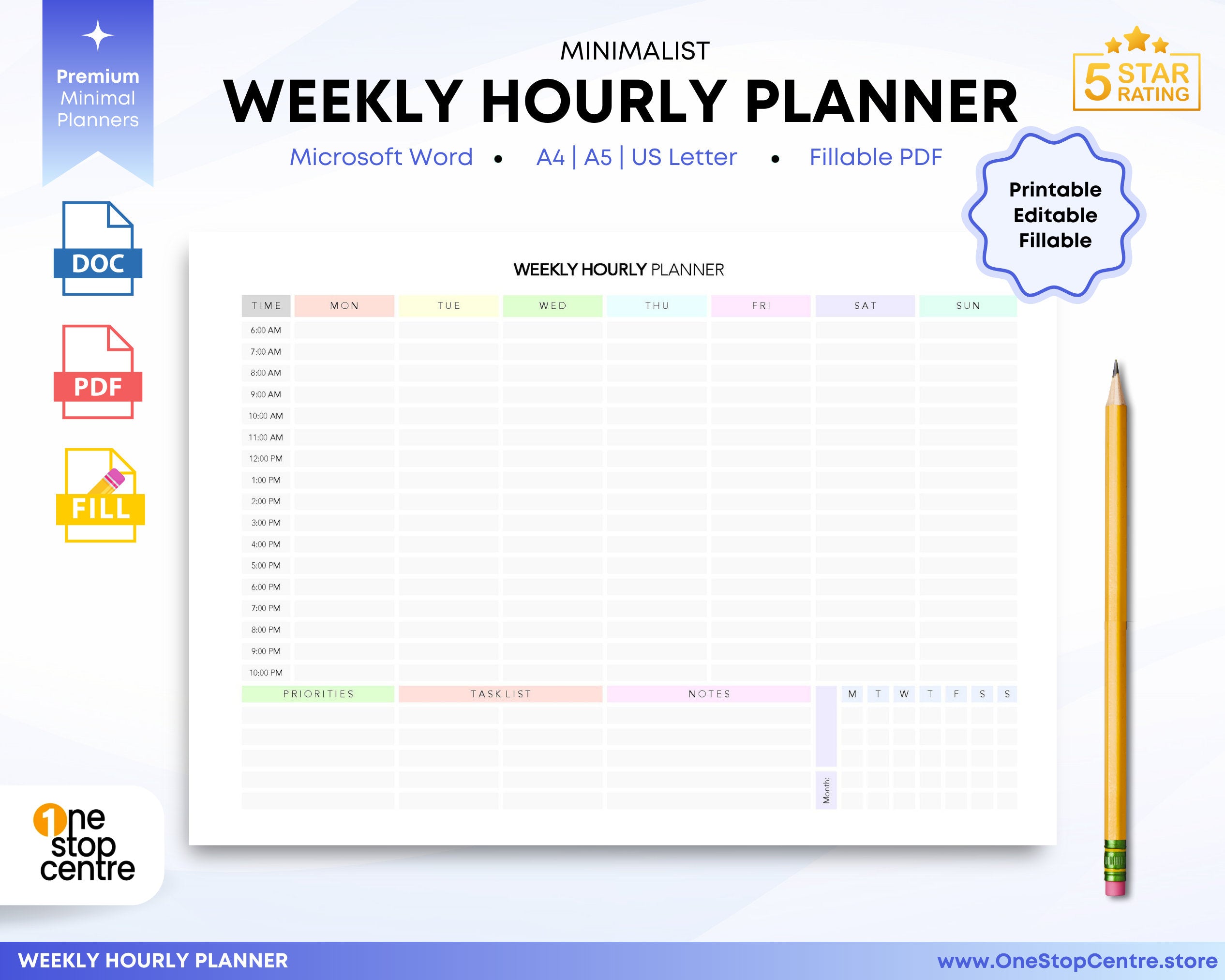 Minimalist Weekly Hourly Planner template, showcasing the editable PDF version 