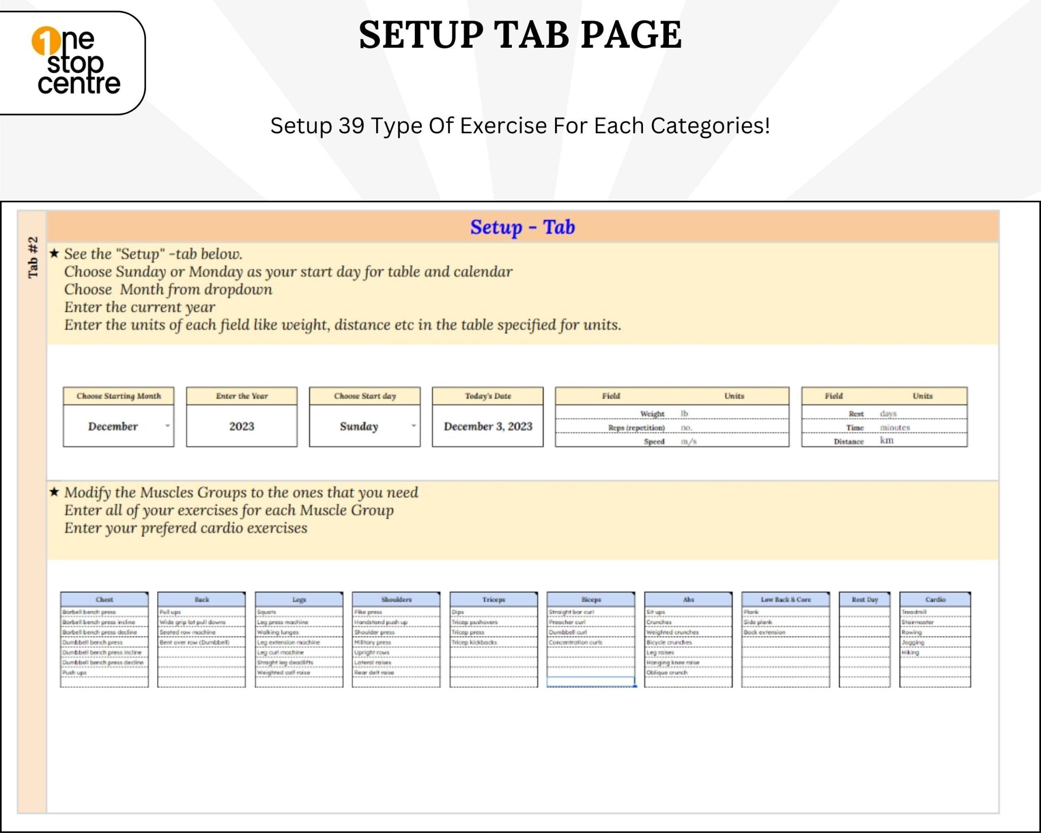 setup instructions Editable workout tracker spreadsheet 