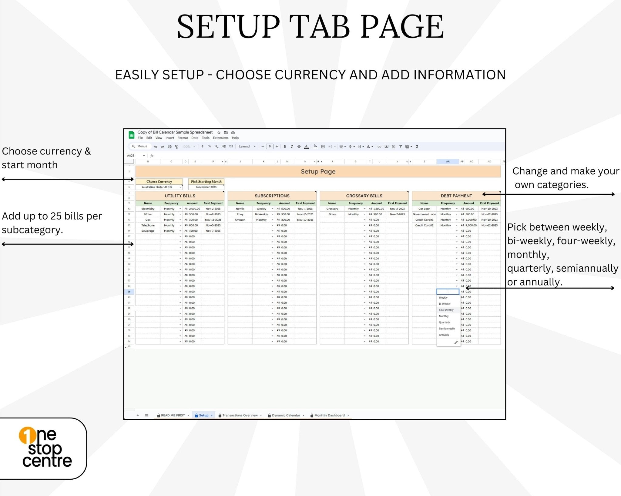 setup tab page wihin Google Sheets monthly bill calendar and payment dashboard