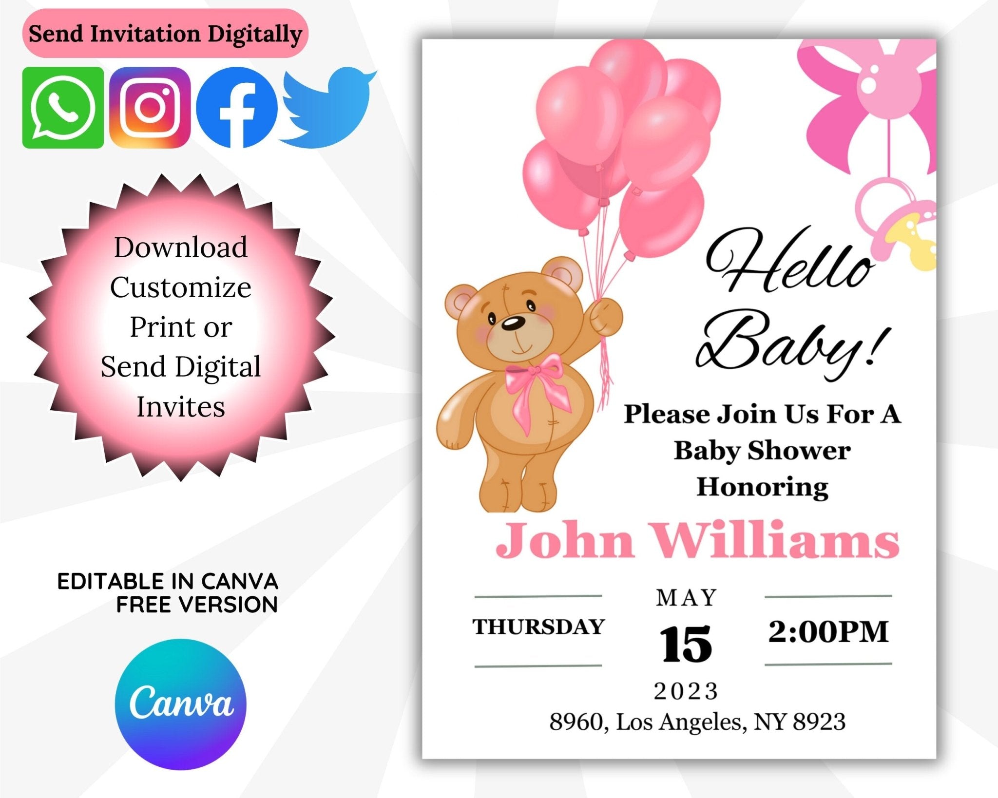 Gender-specific baby shower invitation with teddy bear