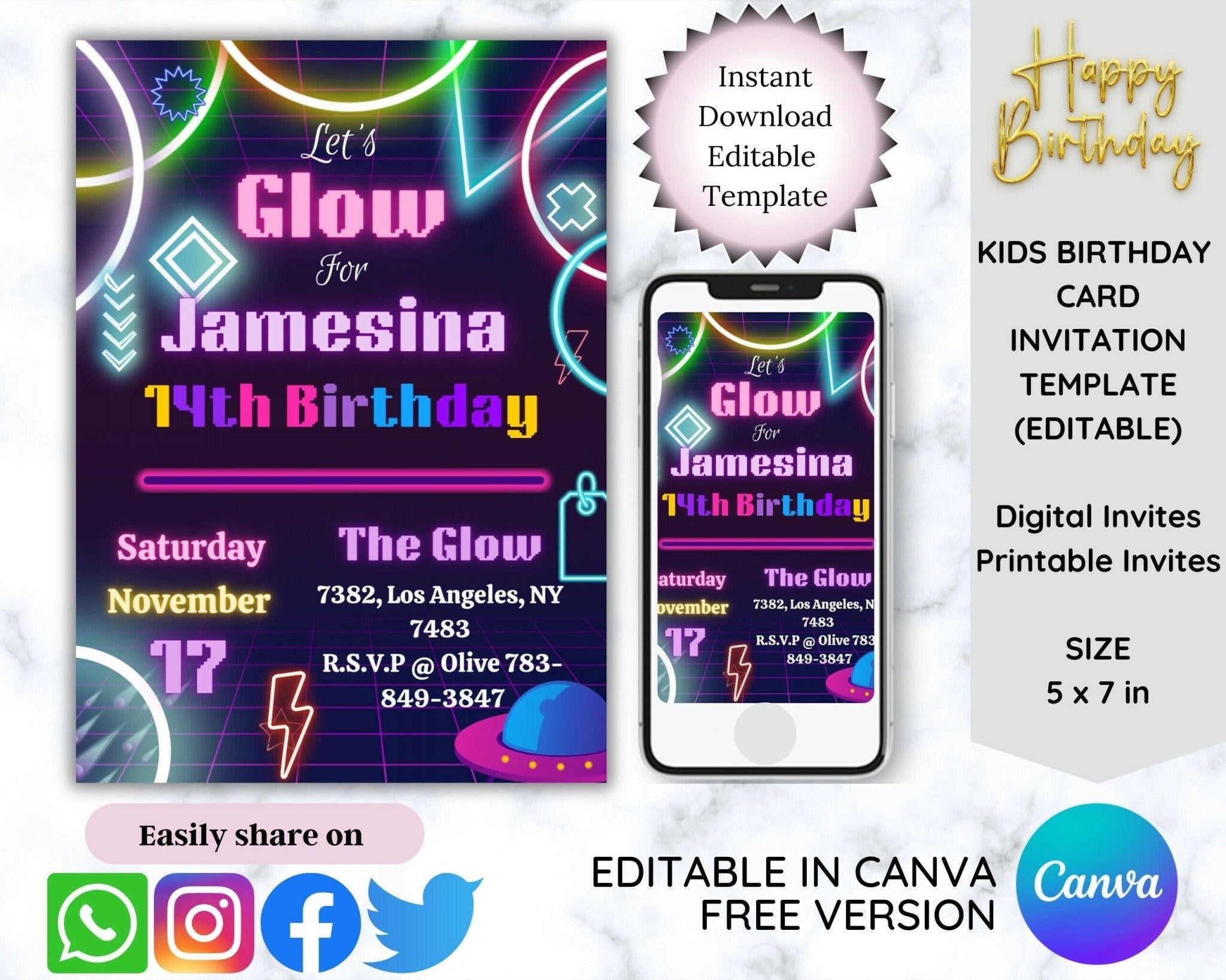 Neon glow birthday invitation template editable in Canva