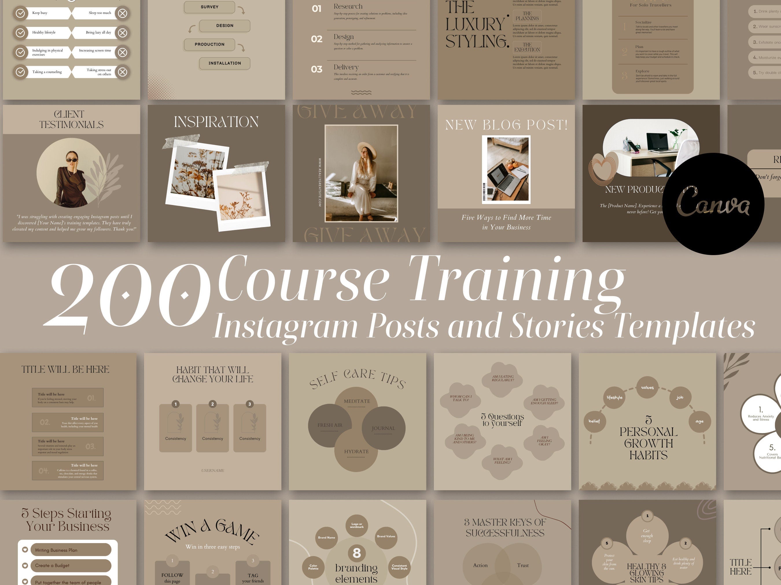 200 Course Training Instagram Templates – Aesthetic Brown Canva Posts & Stories for Facebook & Instagram