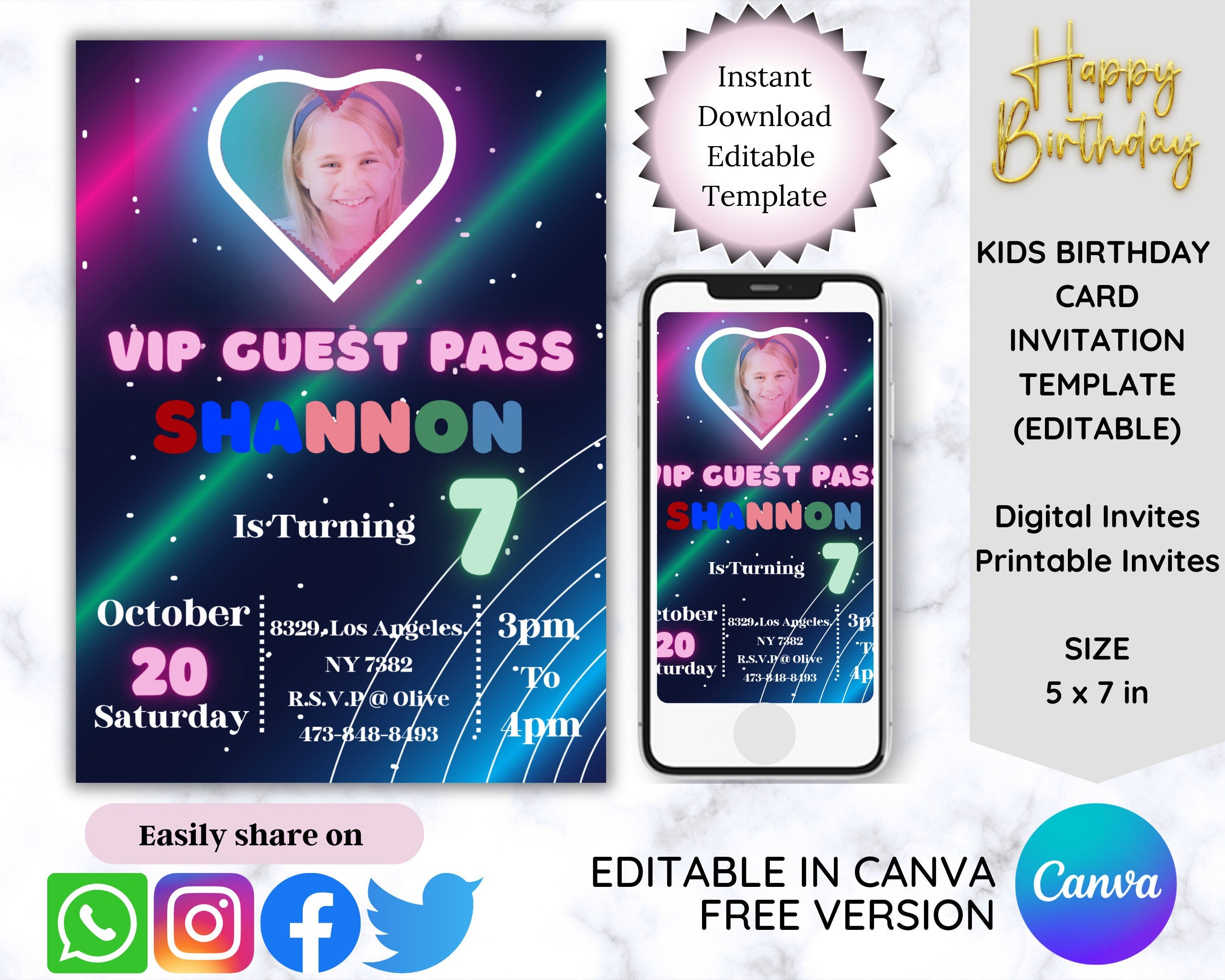 Editable colorful neon birthday invitation with photo frame