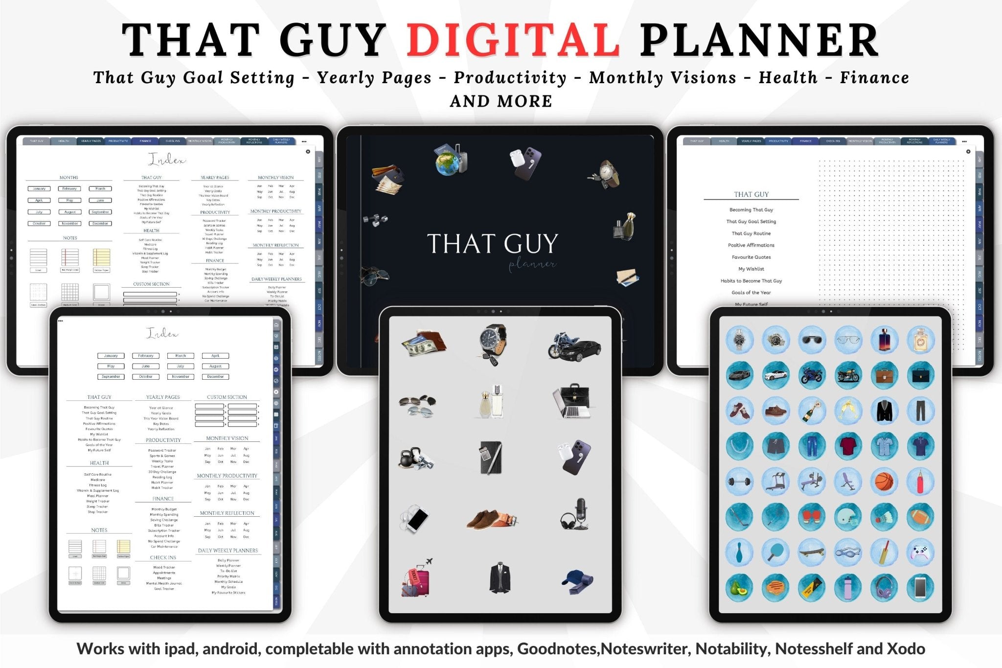 Hyperlinked index page of the That Guy Digital Planner with clear tab layout