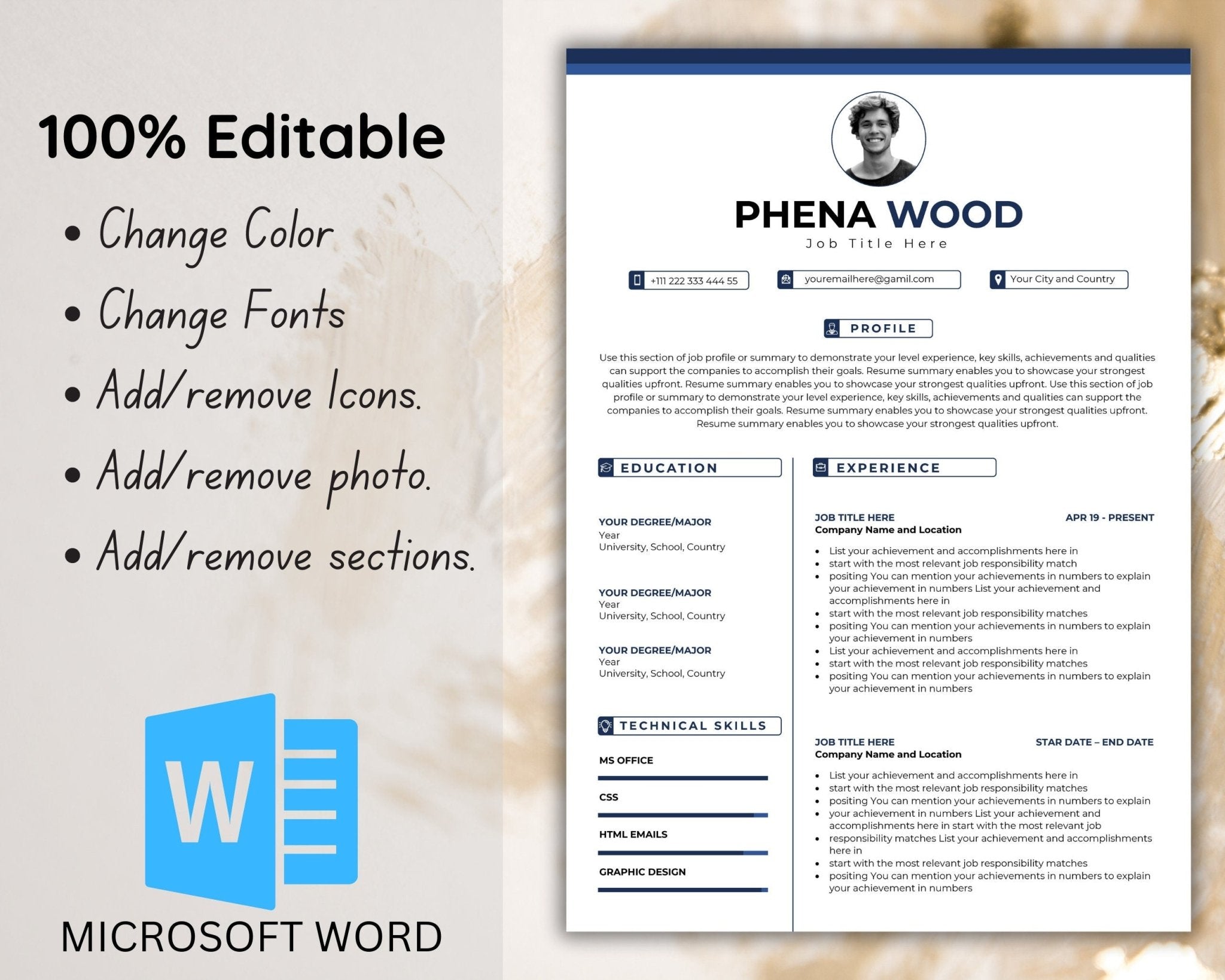 Resume template with Microsoft Word logo on a light background