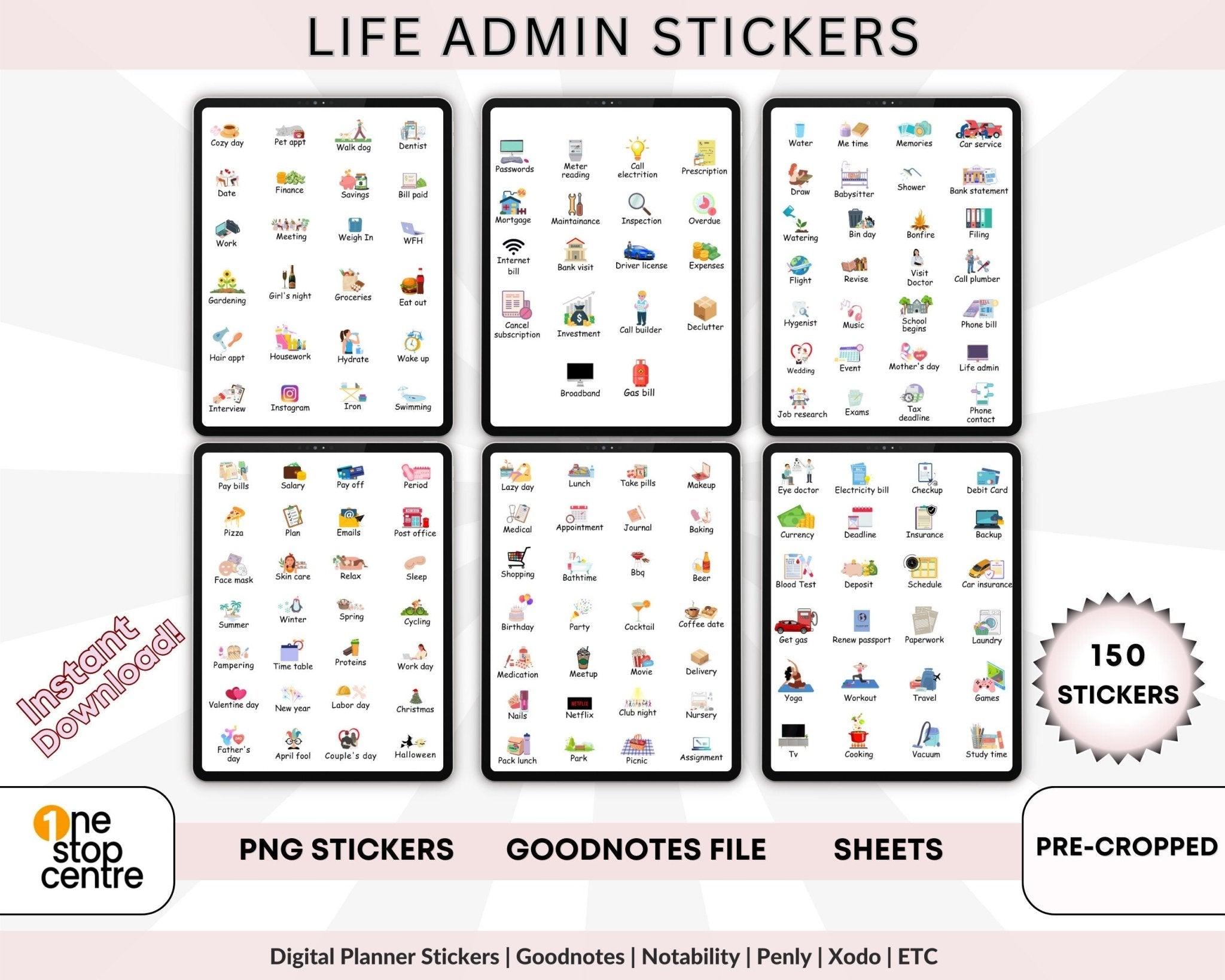 150 Life admin digital planner stickers for daily tasks and finances