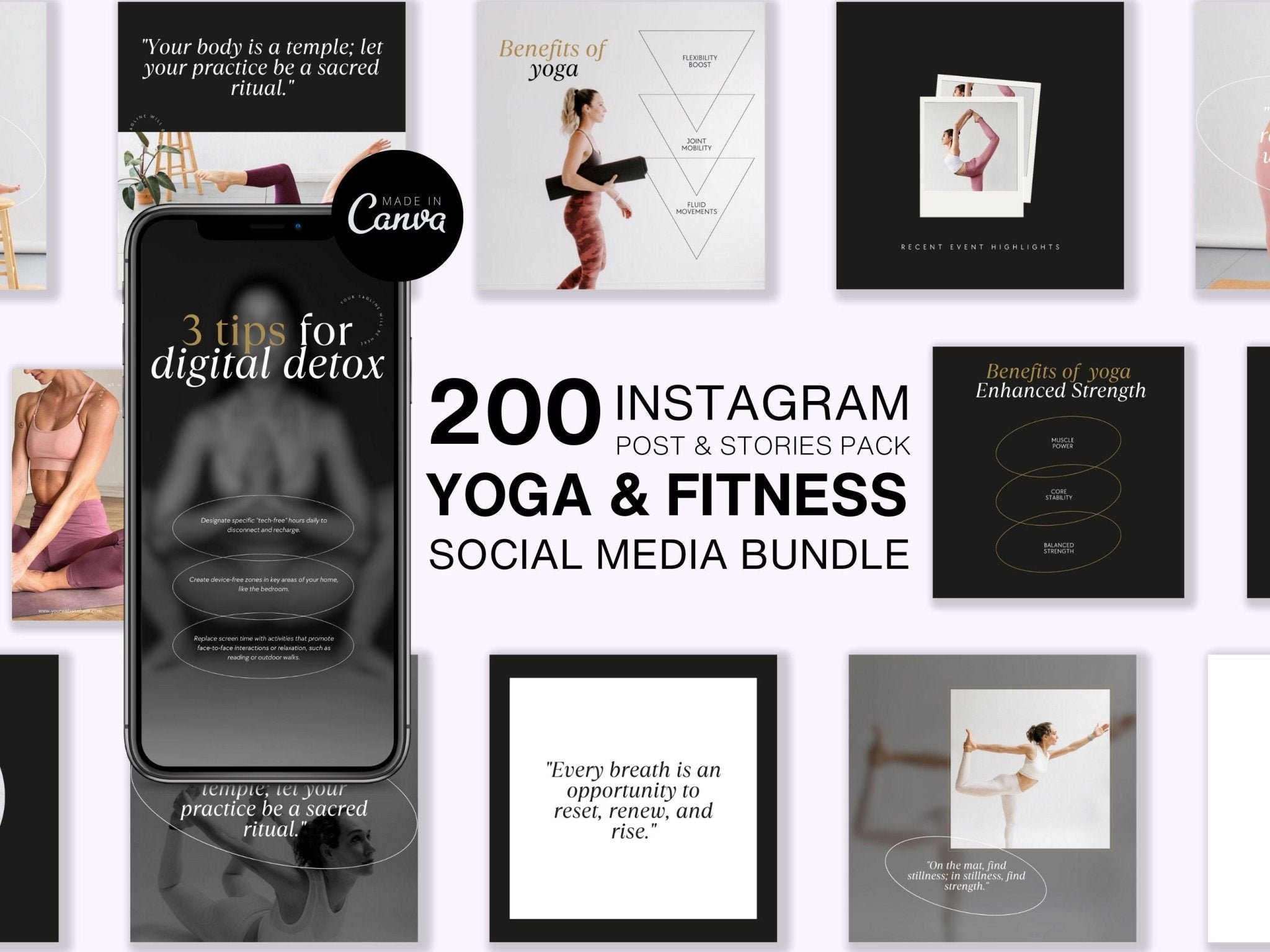 200 Canva templates for fitness and yoga coaches, editable in Canva free version 