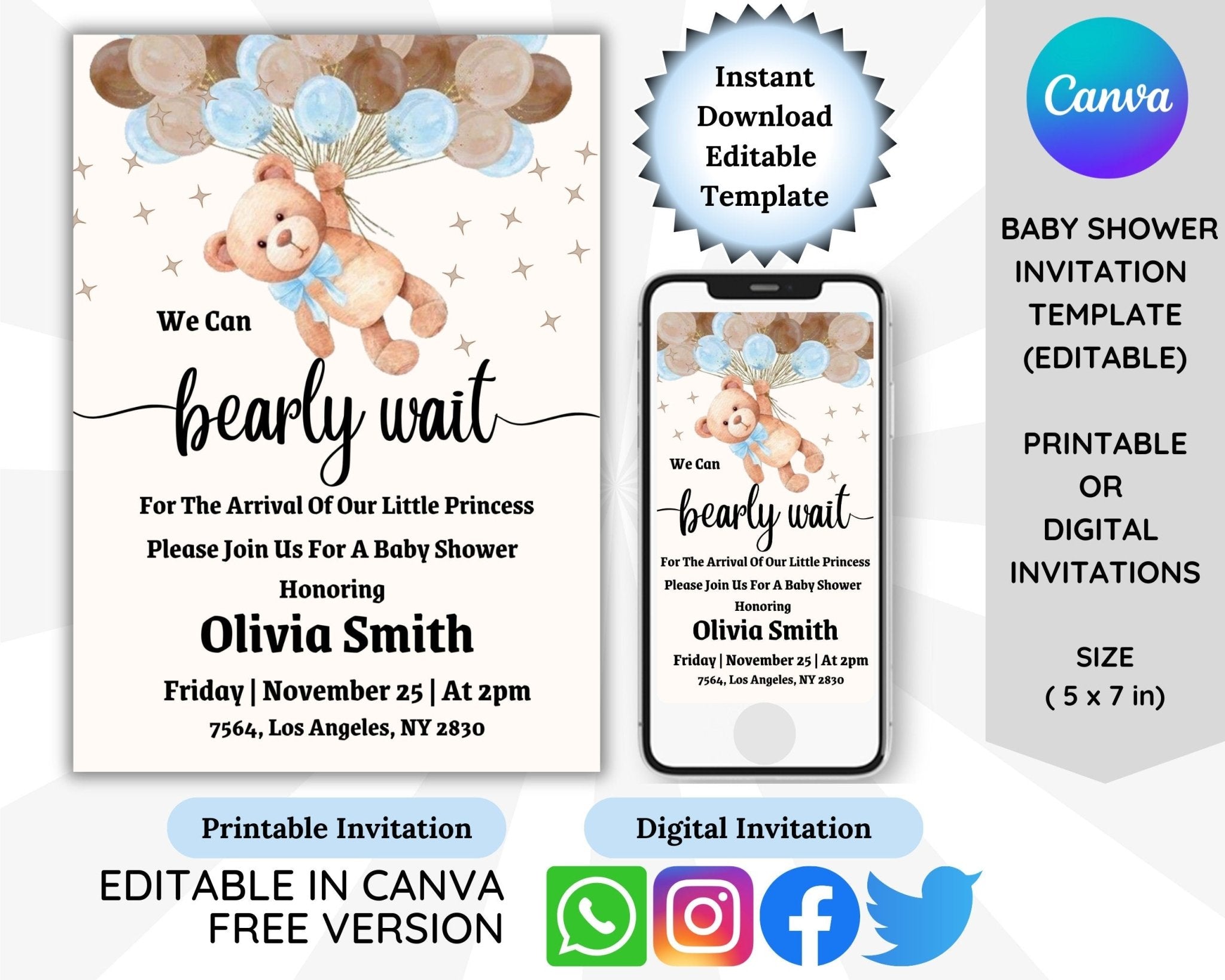 Stars teddy bear baby shower invitation template