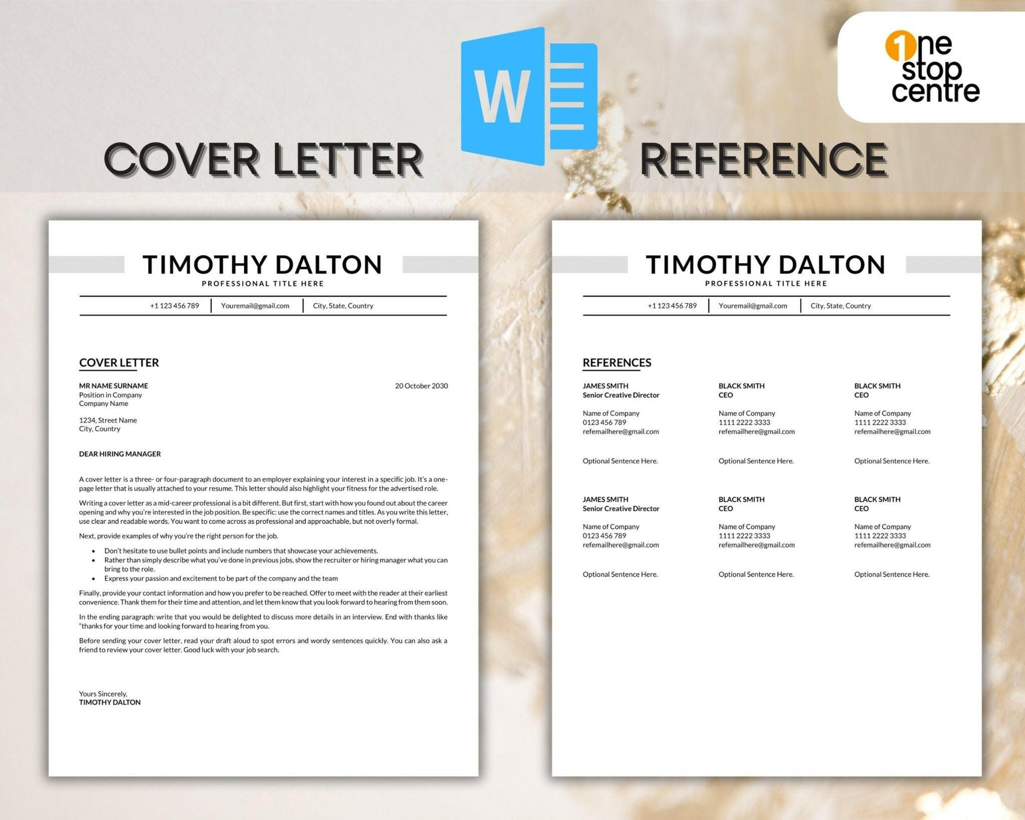 Resume Cover letter and reference template matching layout 