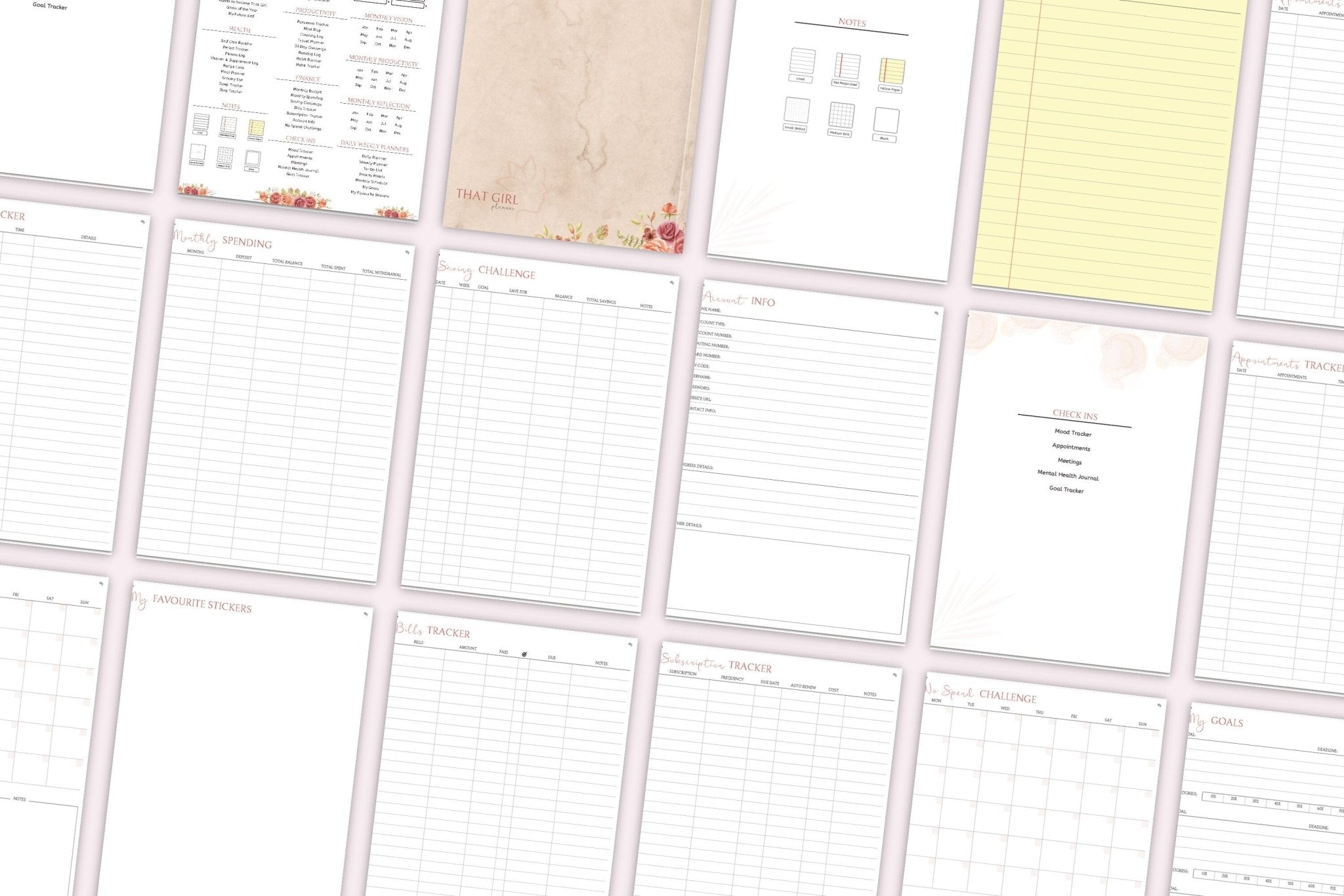 that girl planner pages such as bill tracker, savings accounts, check ins 