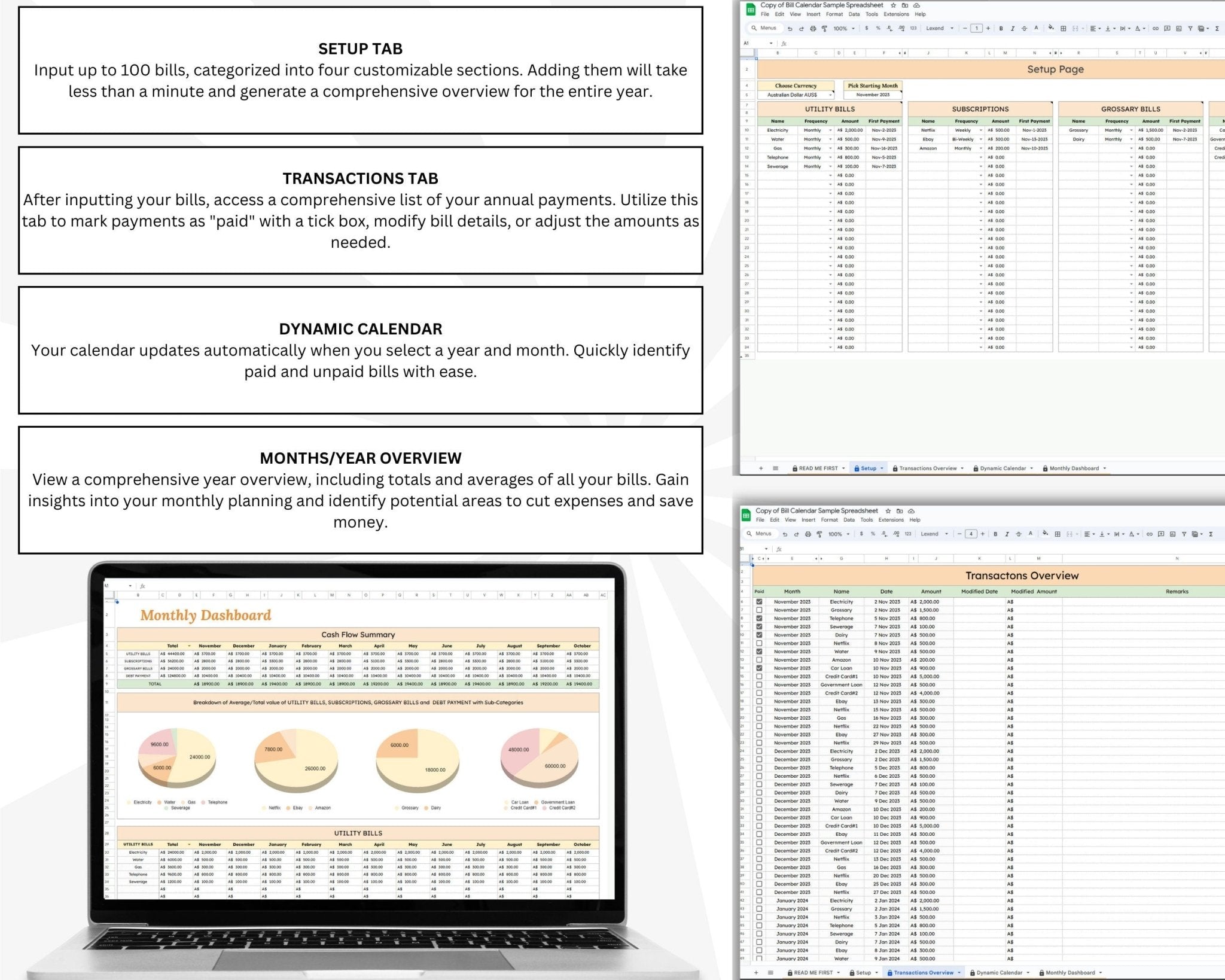 Google Sheets monthly bill calendar and payment dashboard, tabs included, setup tab, transaction tab, dynamic tab, month and yearly overview. 