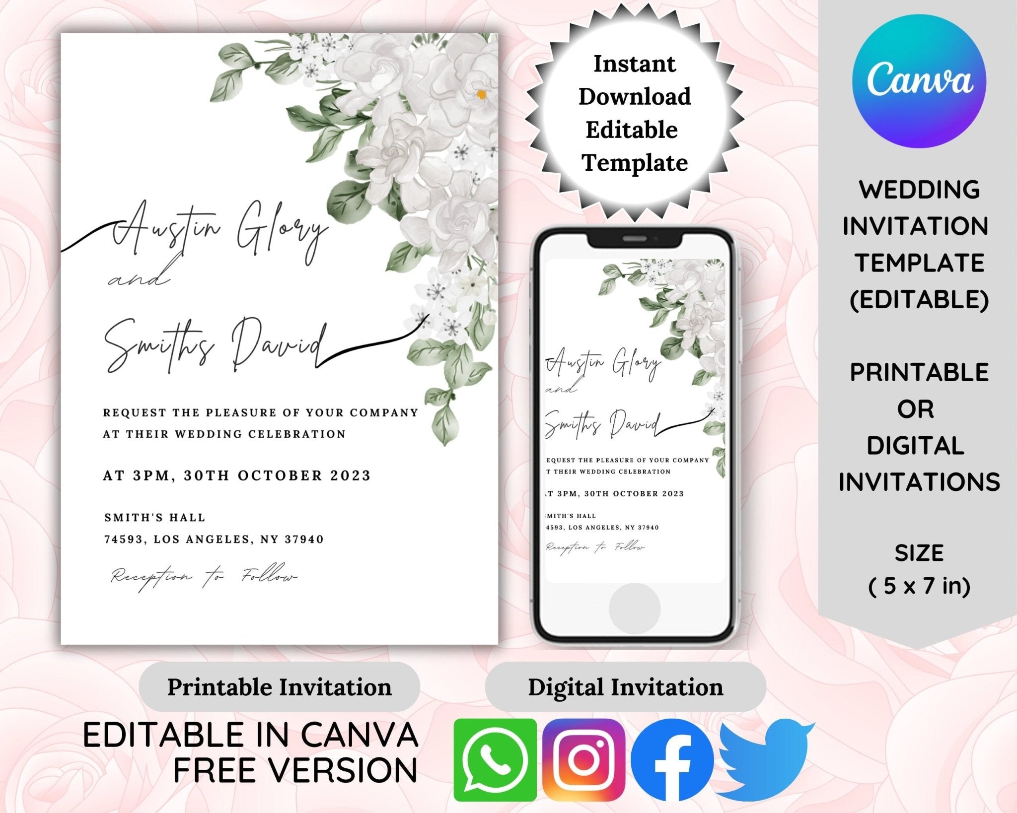 Minimal eucalyptus wedding invitation editable in Canva