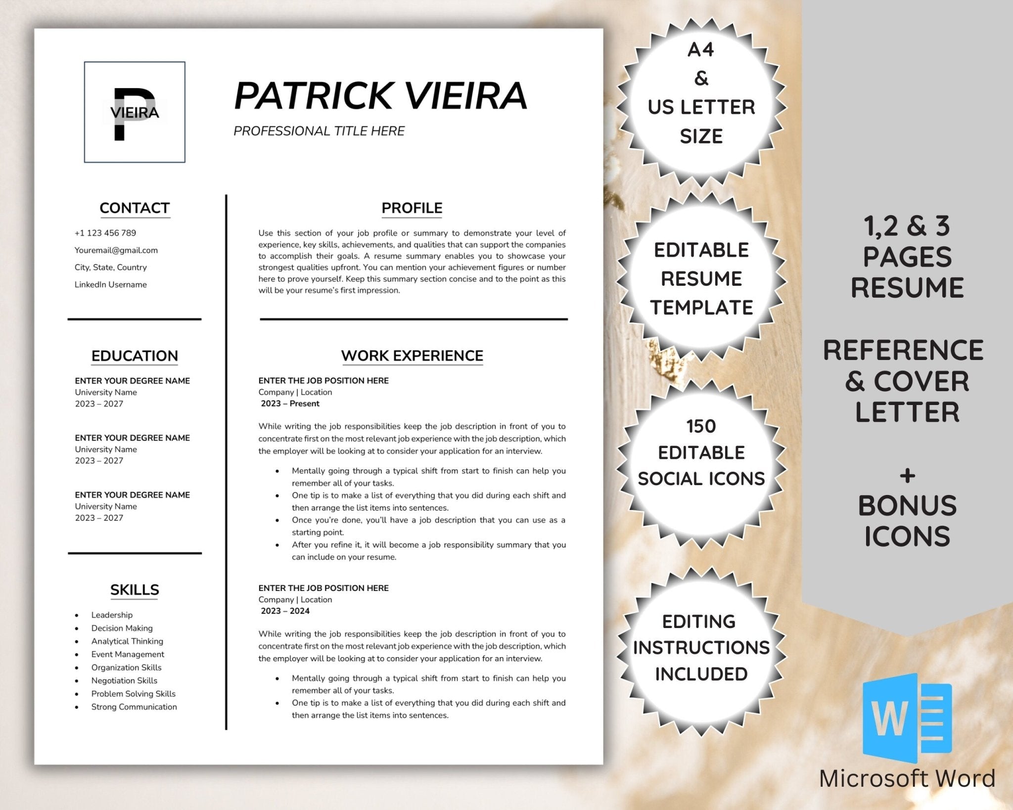 Modern 1-3 page minimalist resume template with cover letter and reference page