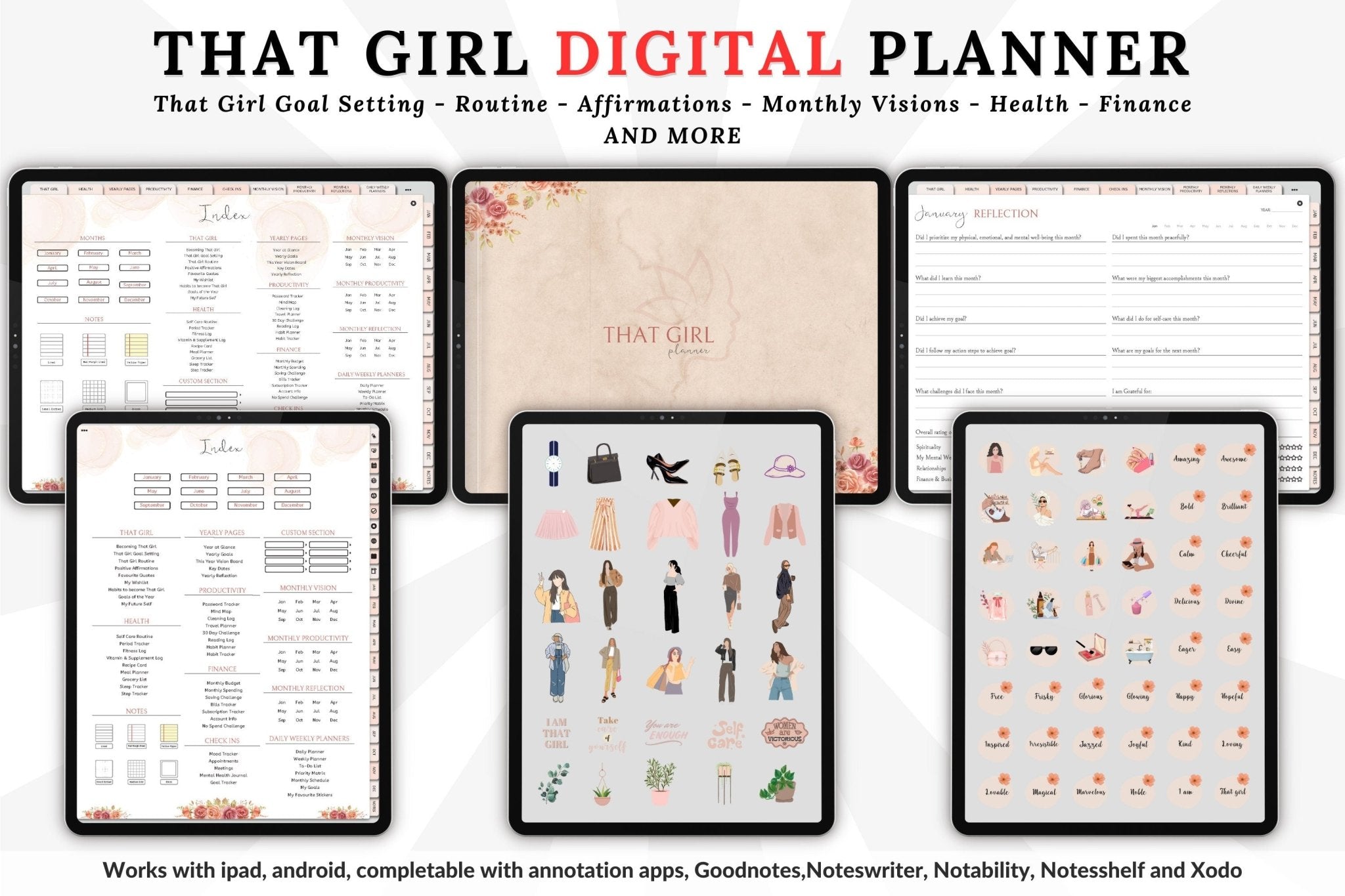 That girl digital planner display of index page and sticker collections 