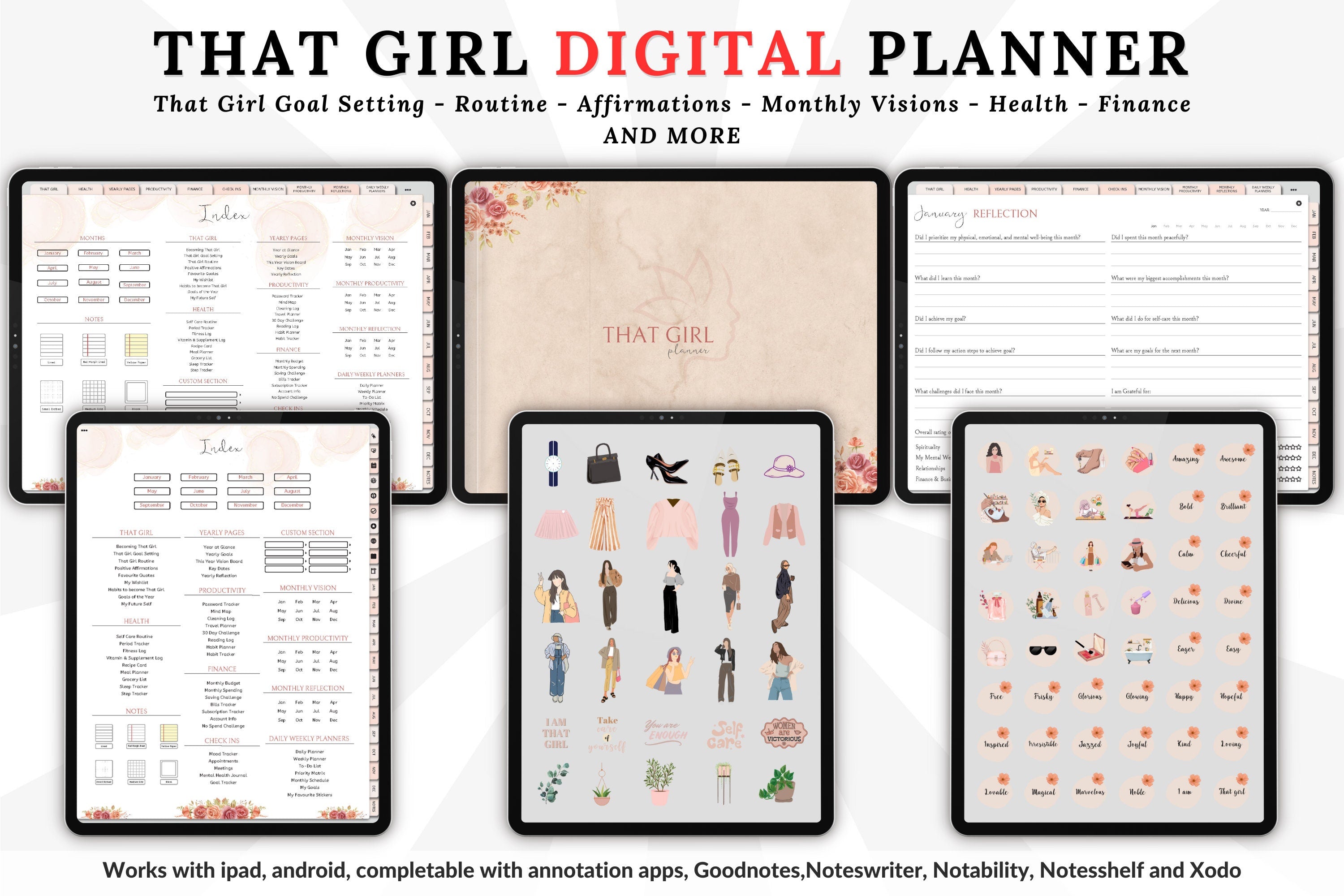 That girl digital planner display of index page and sticker collections 