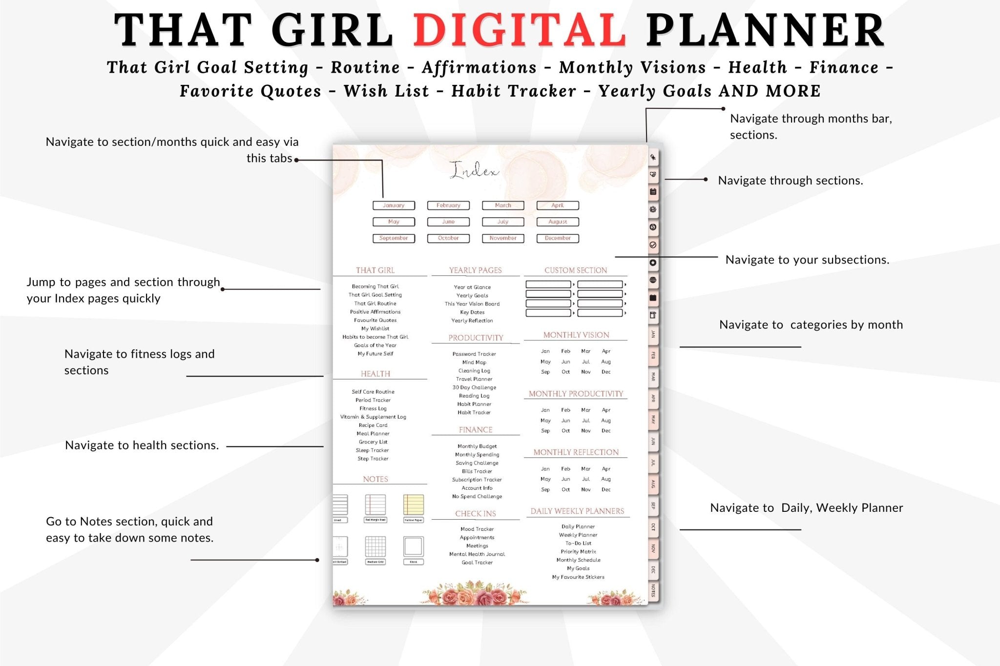 displaying navigations of that girl digital planner index page showcasing hyperlinks and its section 