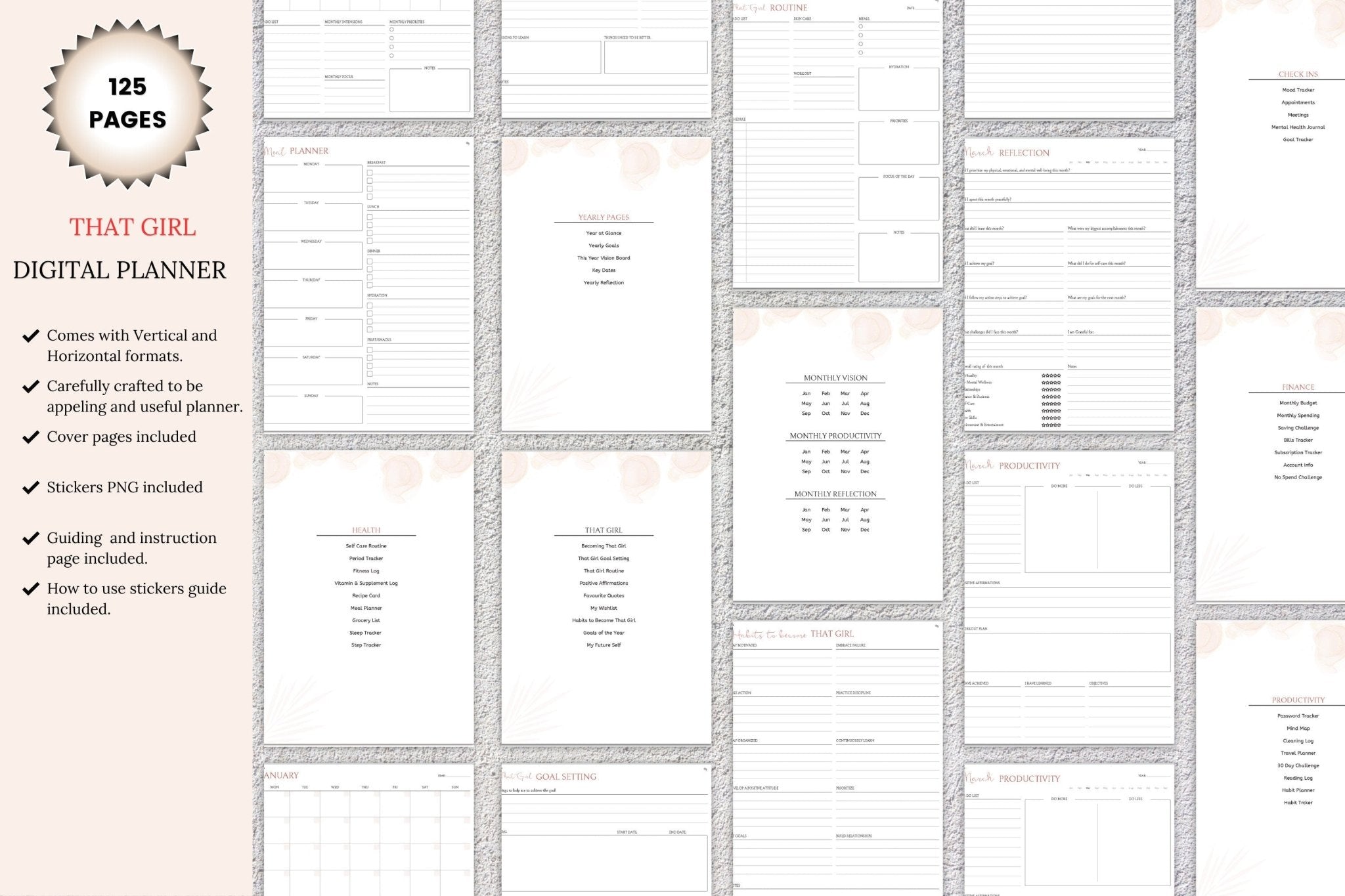 showcase of pages included in that girl digital planner 