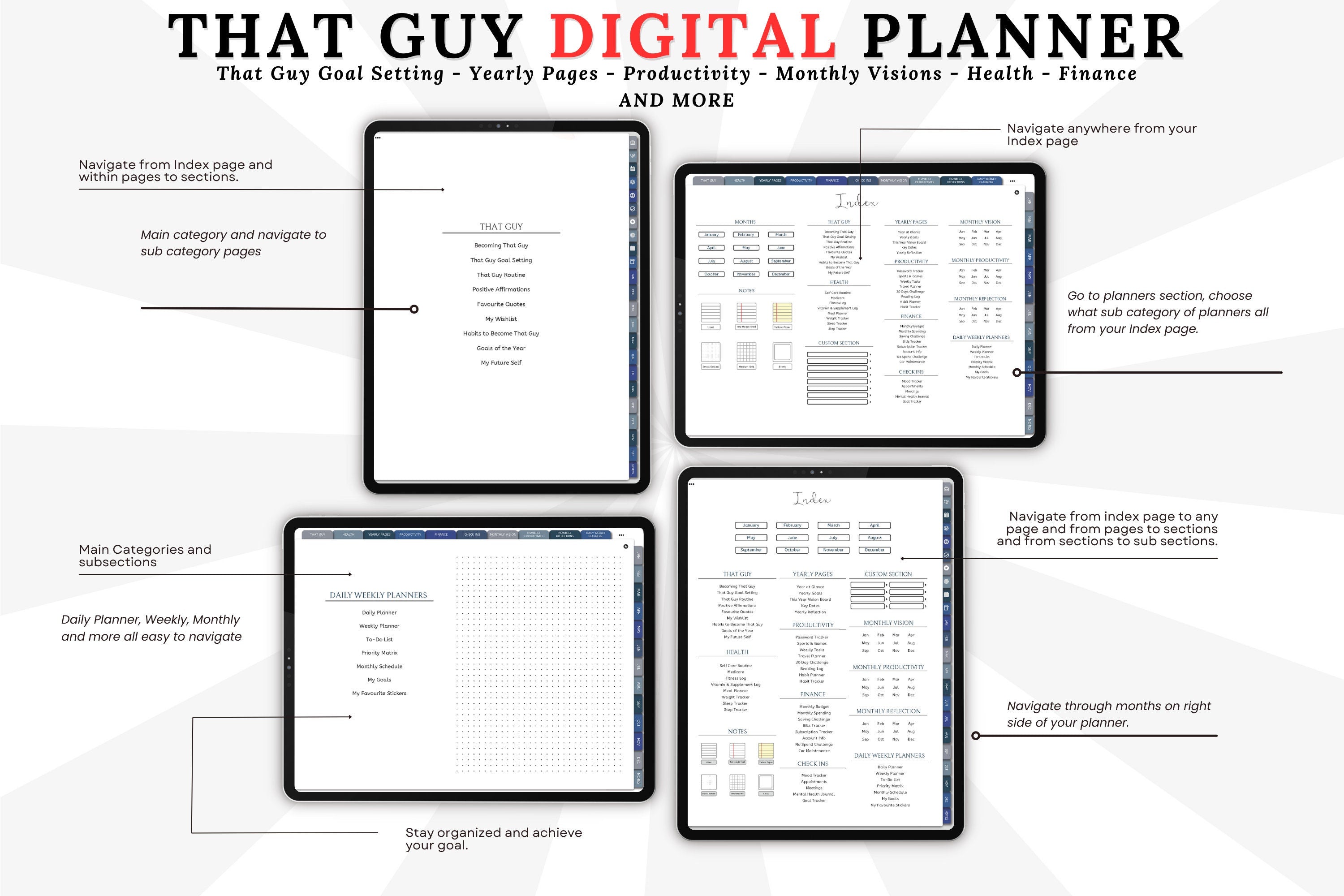 displaying navigations of that guy digital planner index page showcasing hyperlinks and its section 