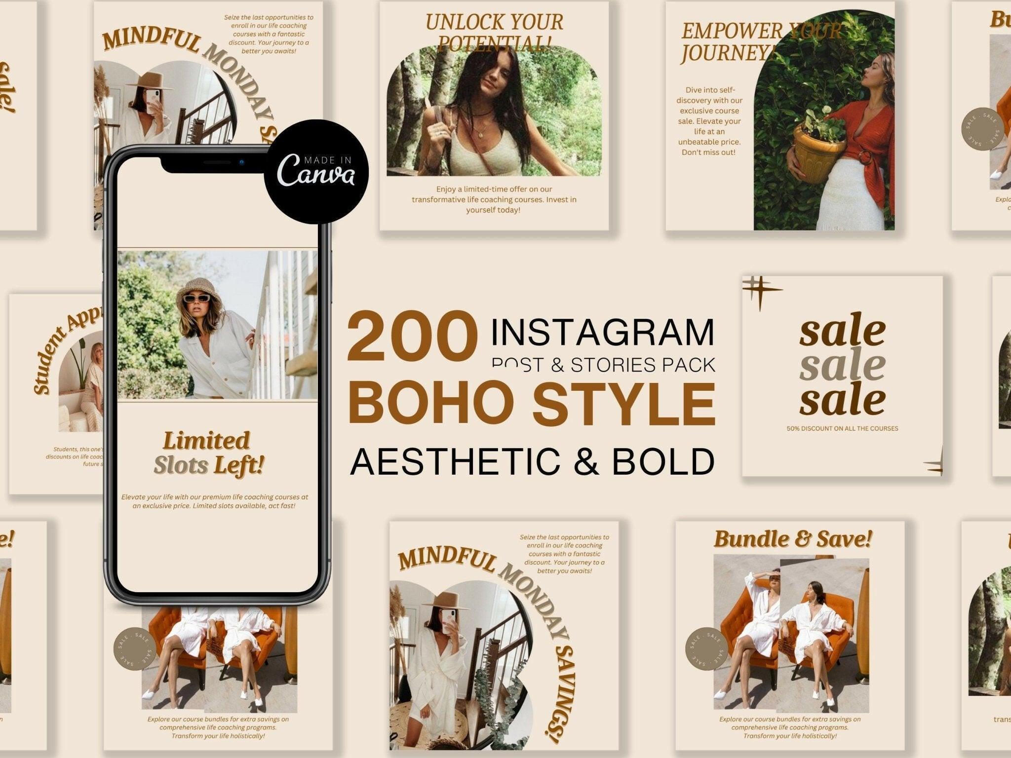 A collection of 200 editable Instagram post and story templates with a boho style aesthetic, displayed on a smartphone