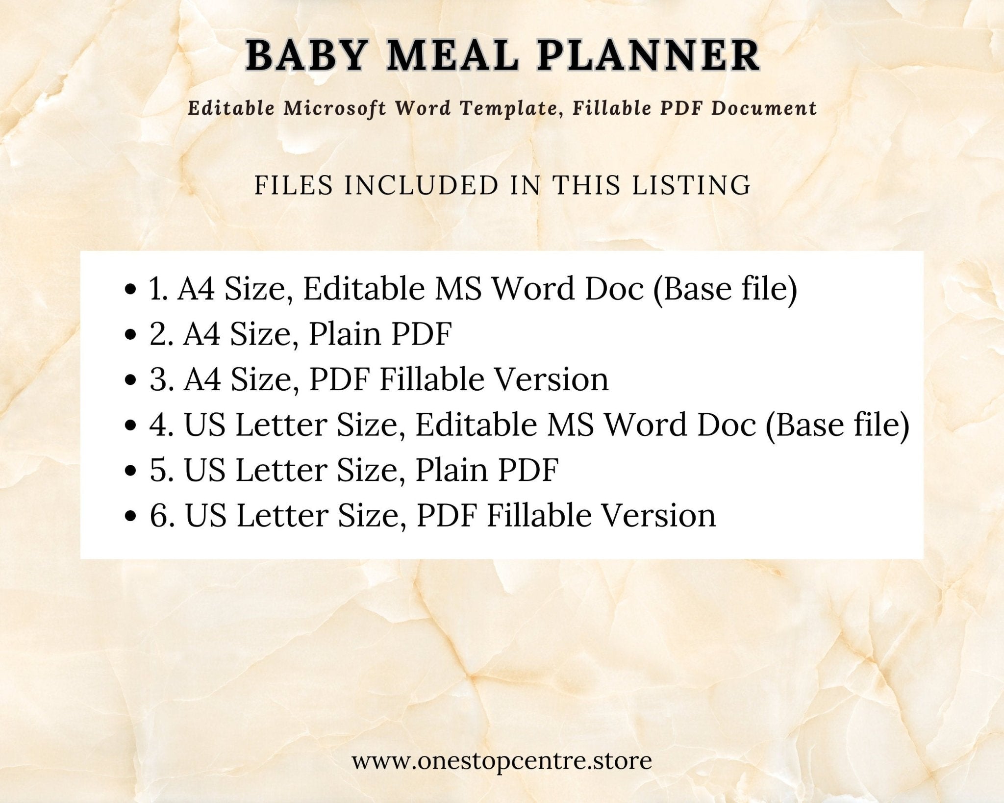 Sizes included for Fillable planner with sections for meals and shopping notes