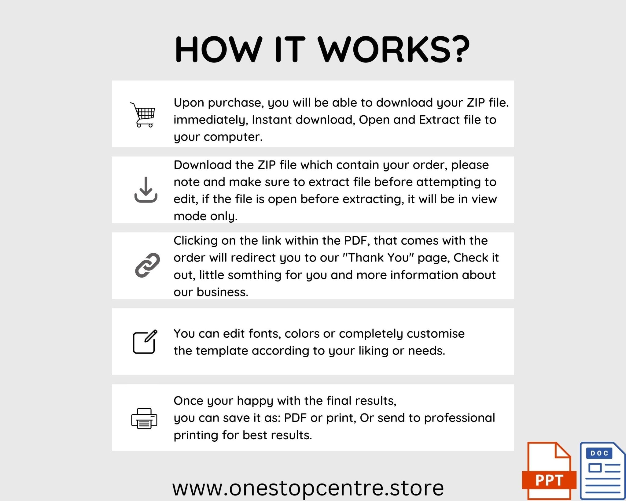 How it works upon purchase of Editable white and gold certificate template in Word and PowerPoint, how to download and start editing 