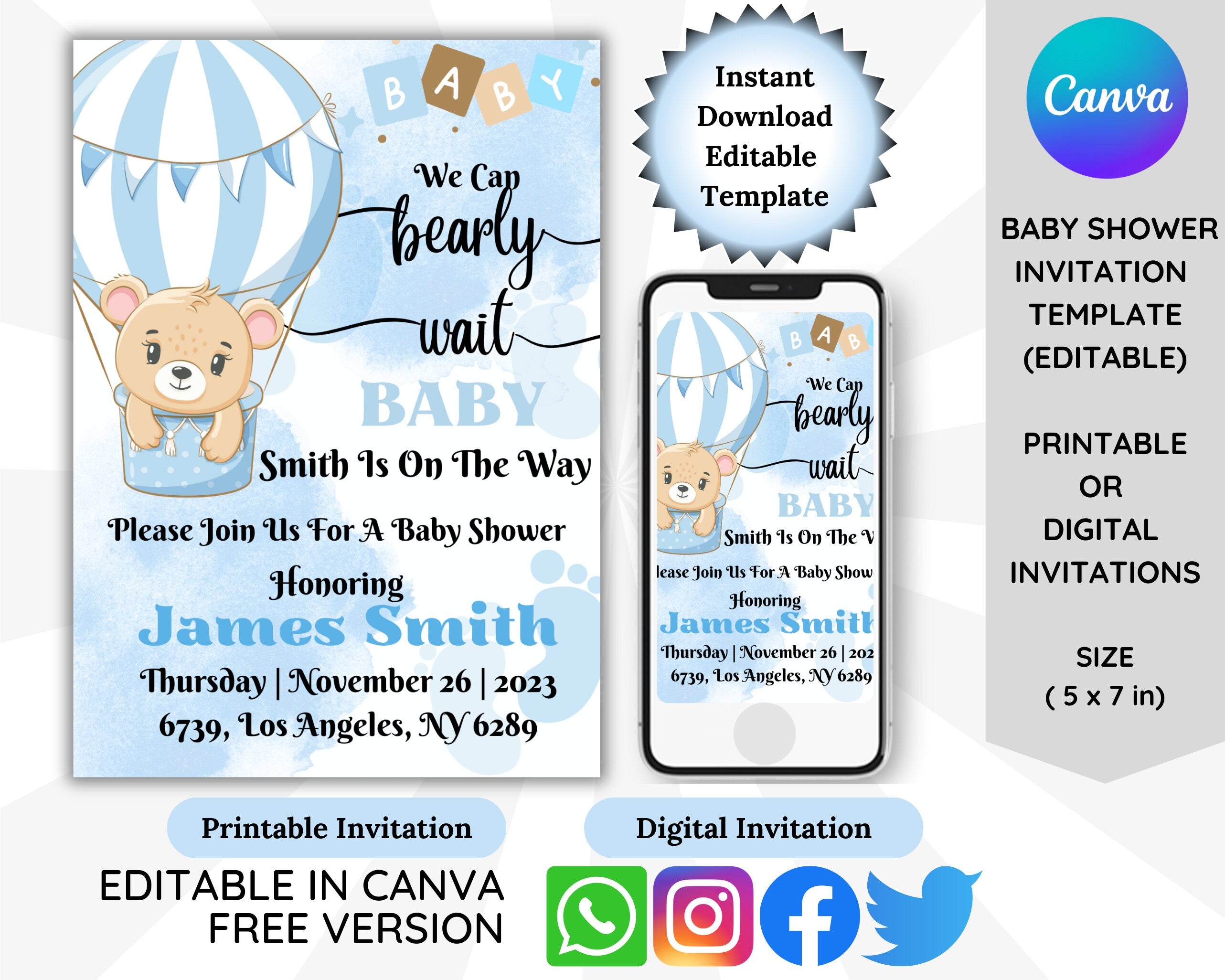 Editable blue baby shower invitation with teddy bear