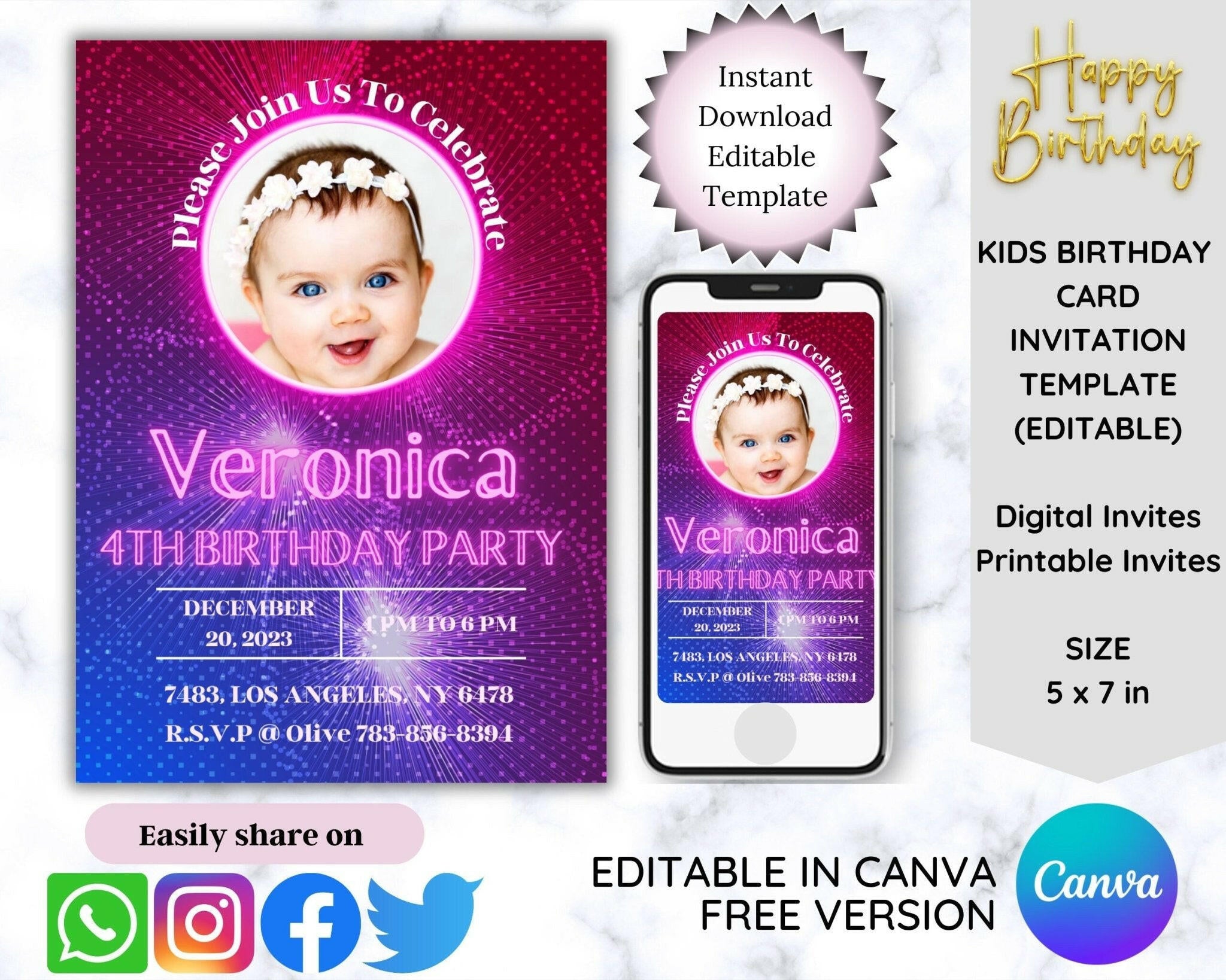 Glowing birthday invitation template with editable photo