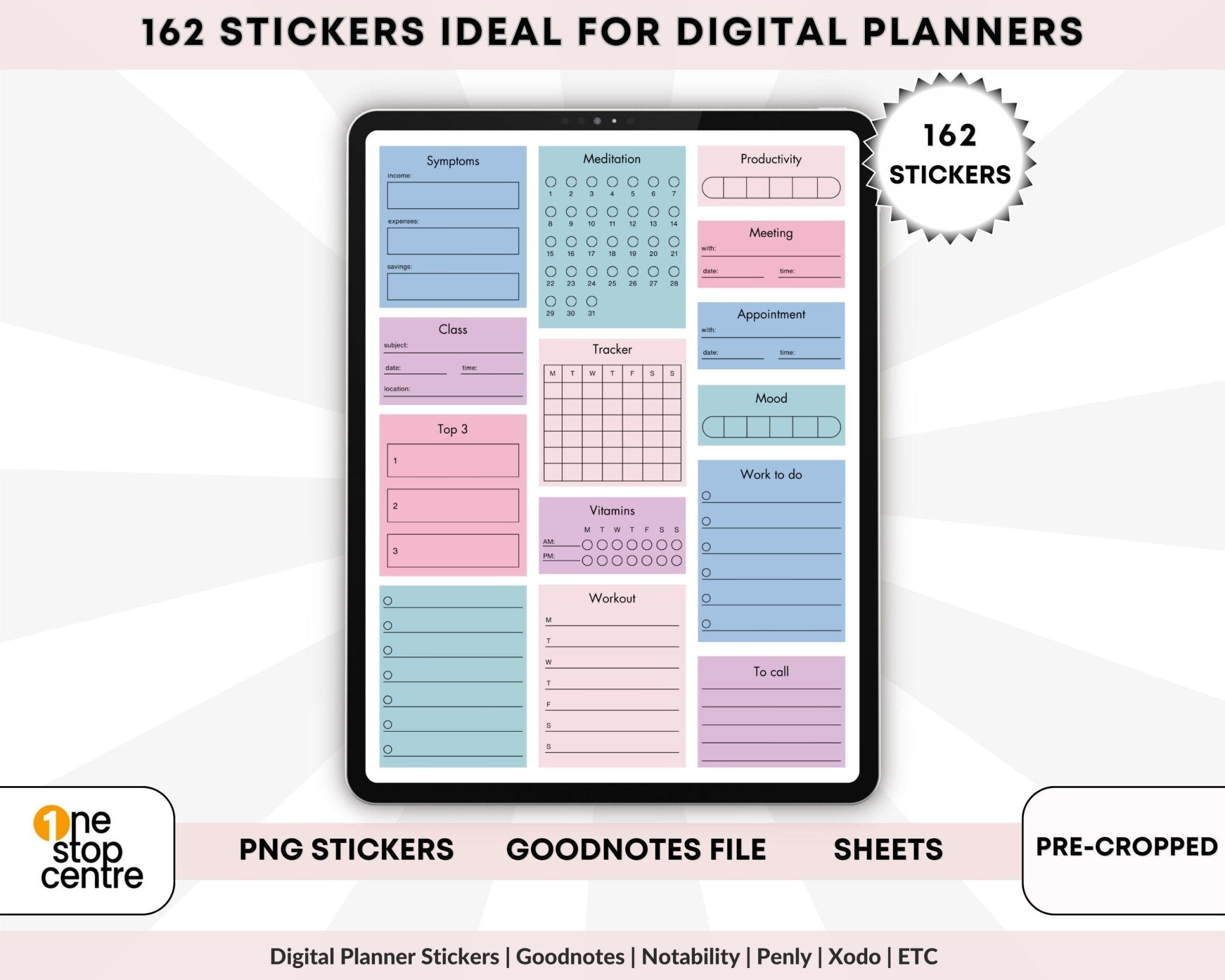 Bundle of 162 productivity digital planner stickers for GoodNotes and planners apps 