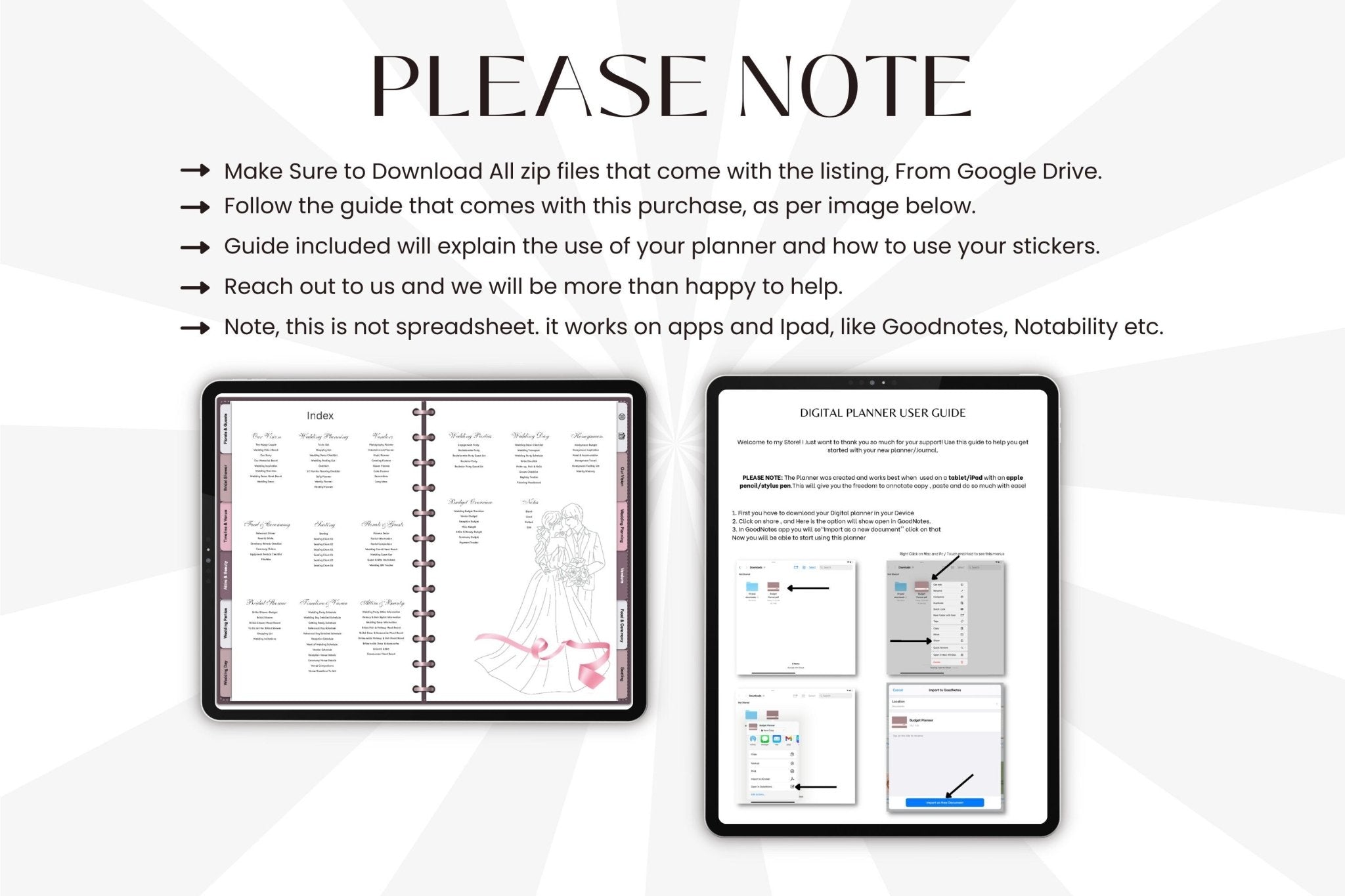 Digital wedding planner template for iPad, goodnotes or any other annotation apps 