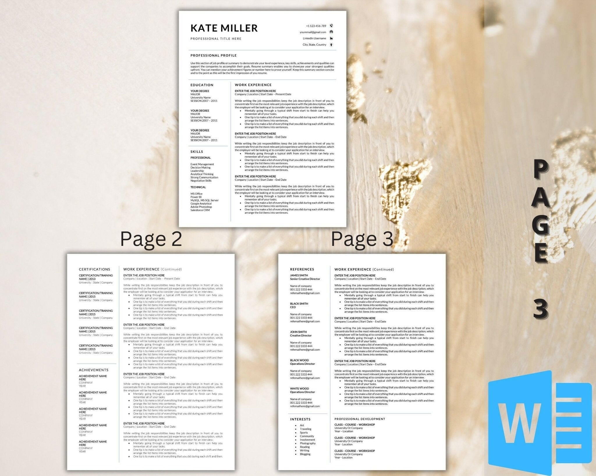 ATS Minimalist Word resume template three page layout preview with cover letter 