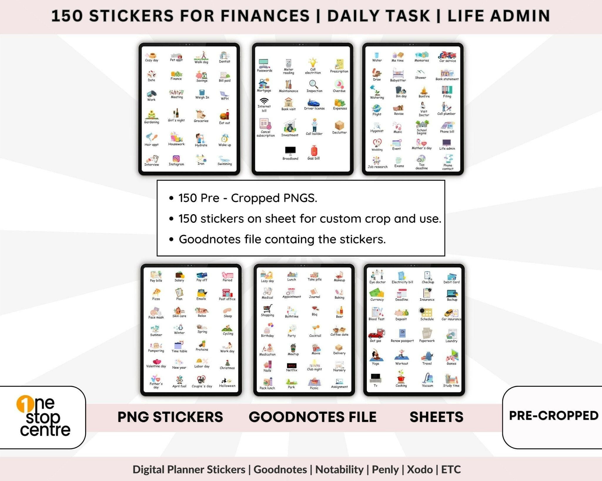 what's included with life admin digital stickers, 150 pre cropped png, 150 stickers on the sheets and goodnotes file 