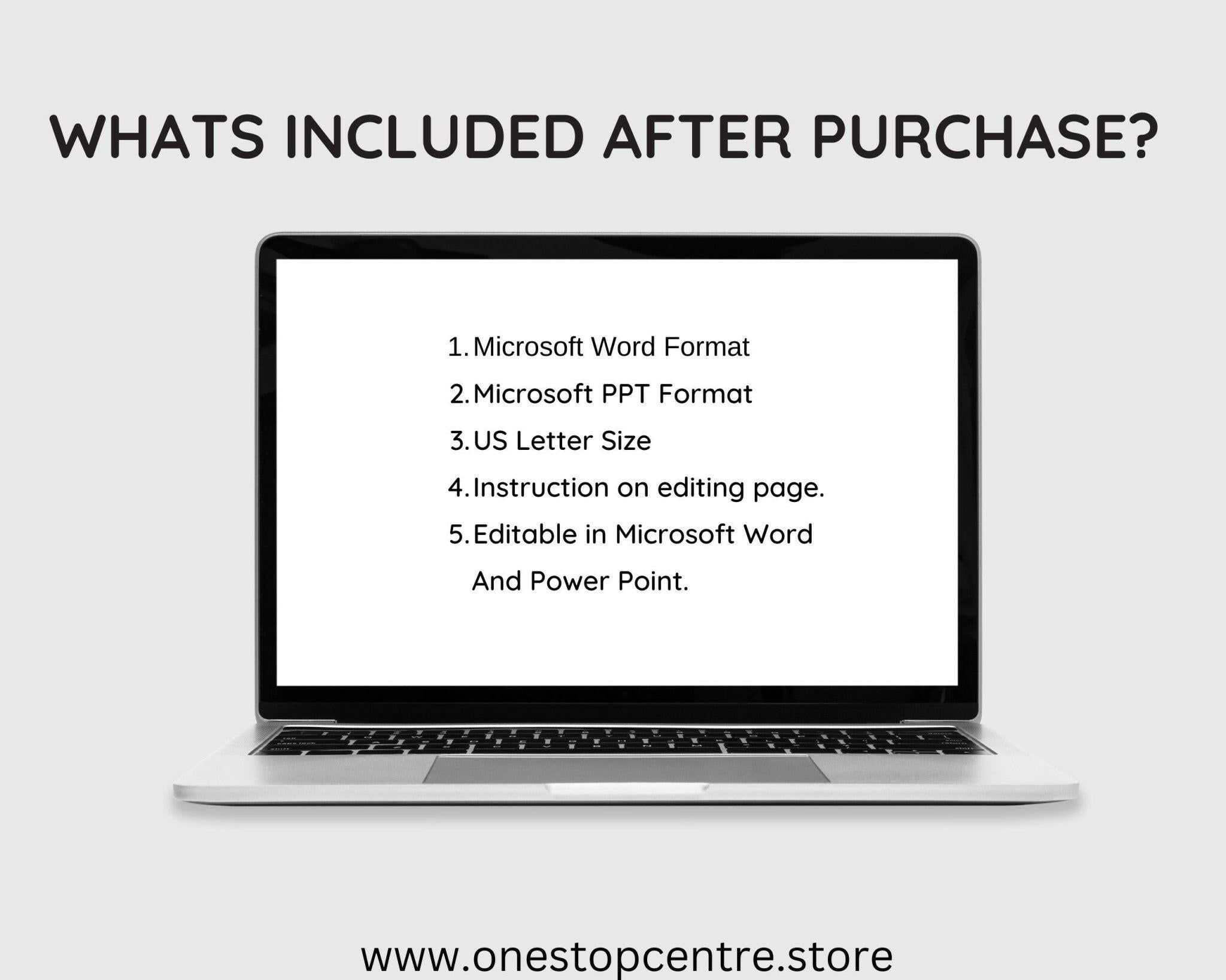 Laptop displaying text about included formats and features with certificate template
