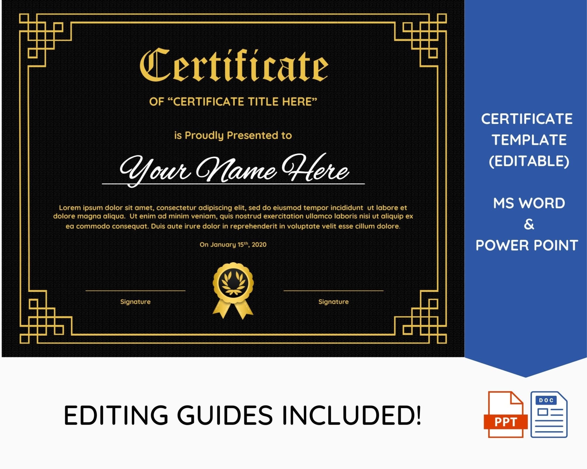 Editable black and gold certificate template with text placeholders, a seal illustration