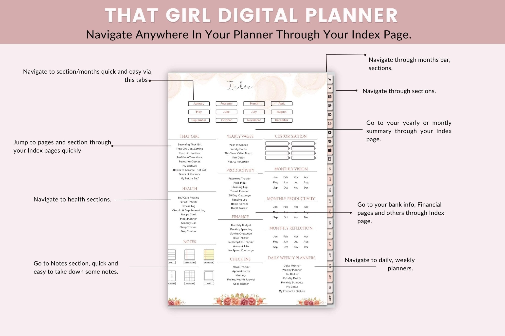 showcasing navigation in index page with that girl digital planner 