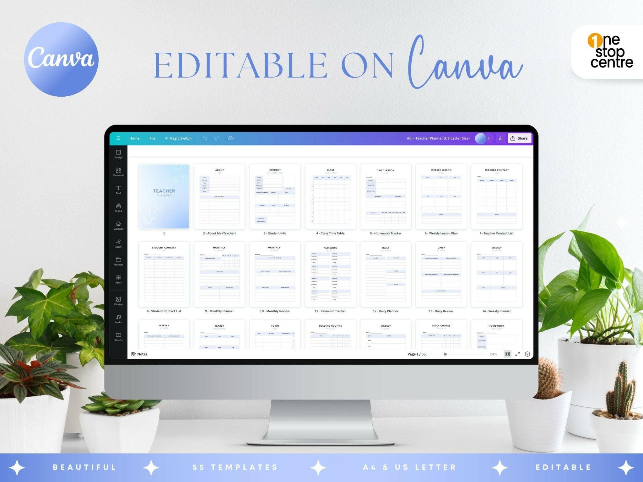 Teacher planner 55 templates can be edit in Canva free version 