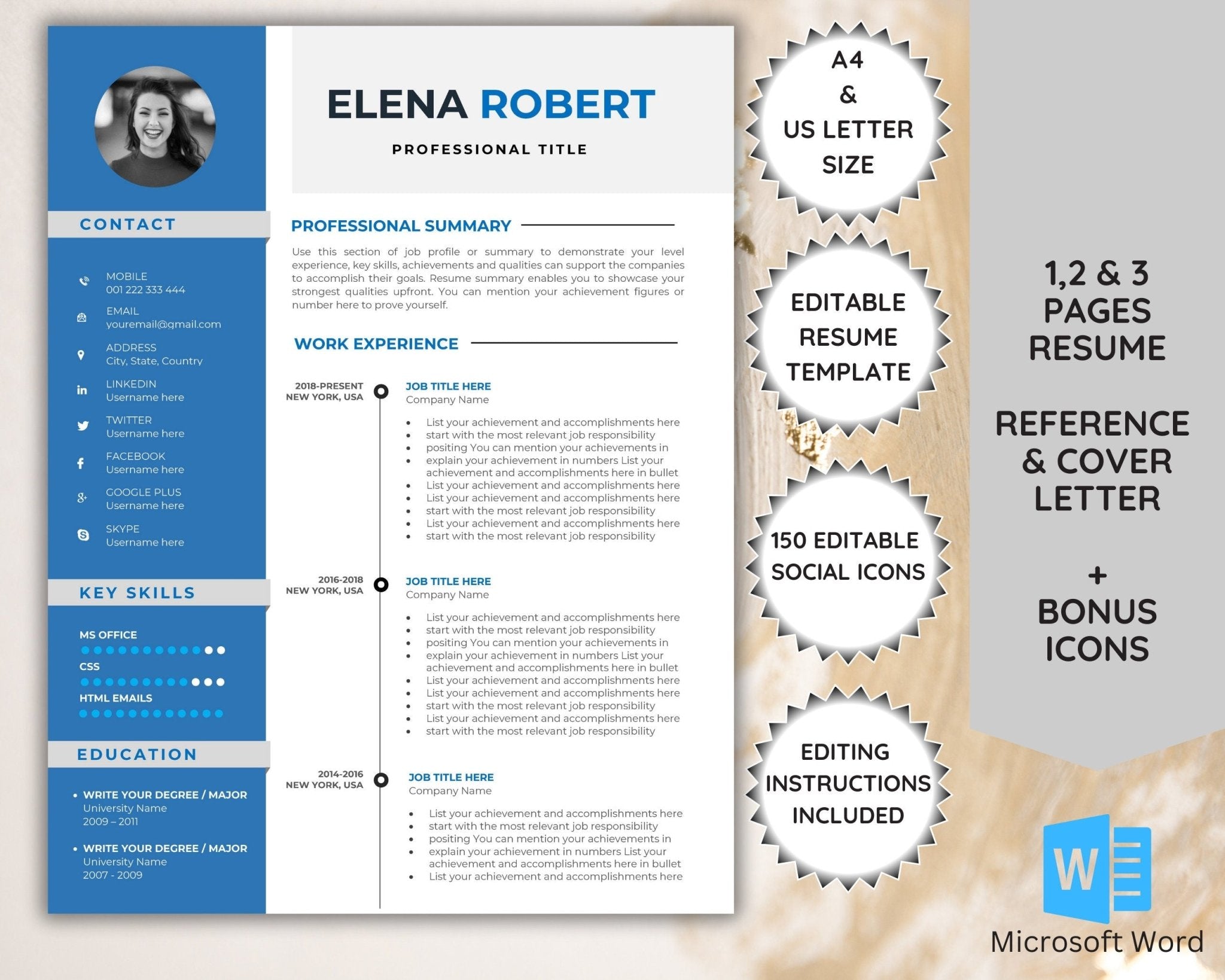 A professional resume template for Elena Robert, showing a layout with three pages including a cover letter, resume, and reference template. 