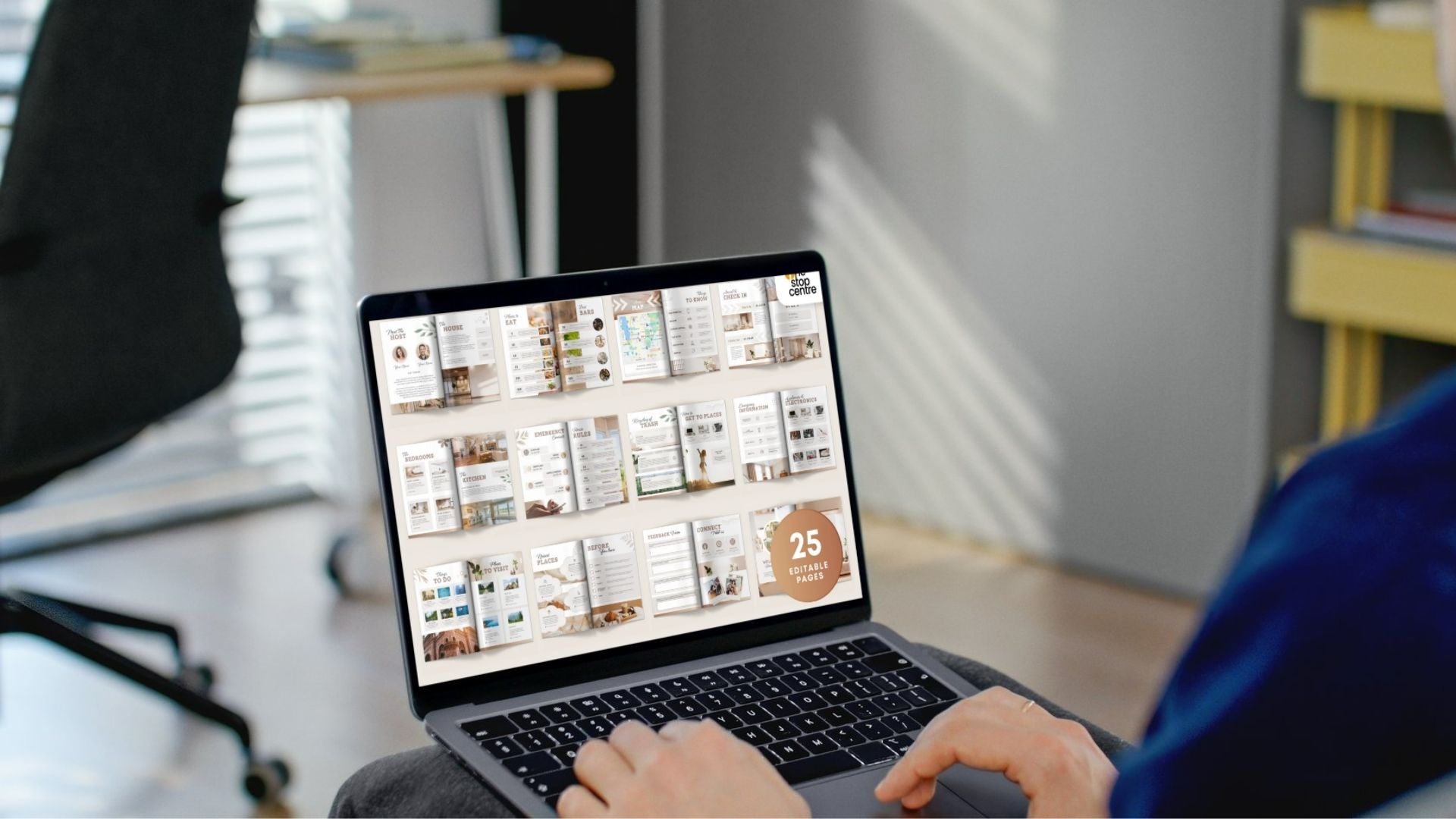 Laptop screen showing a 25-real estate template Canva bundle – editable planners, checklists