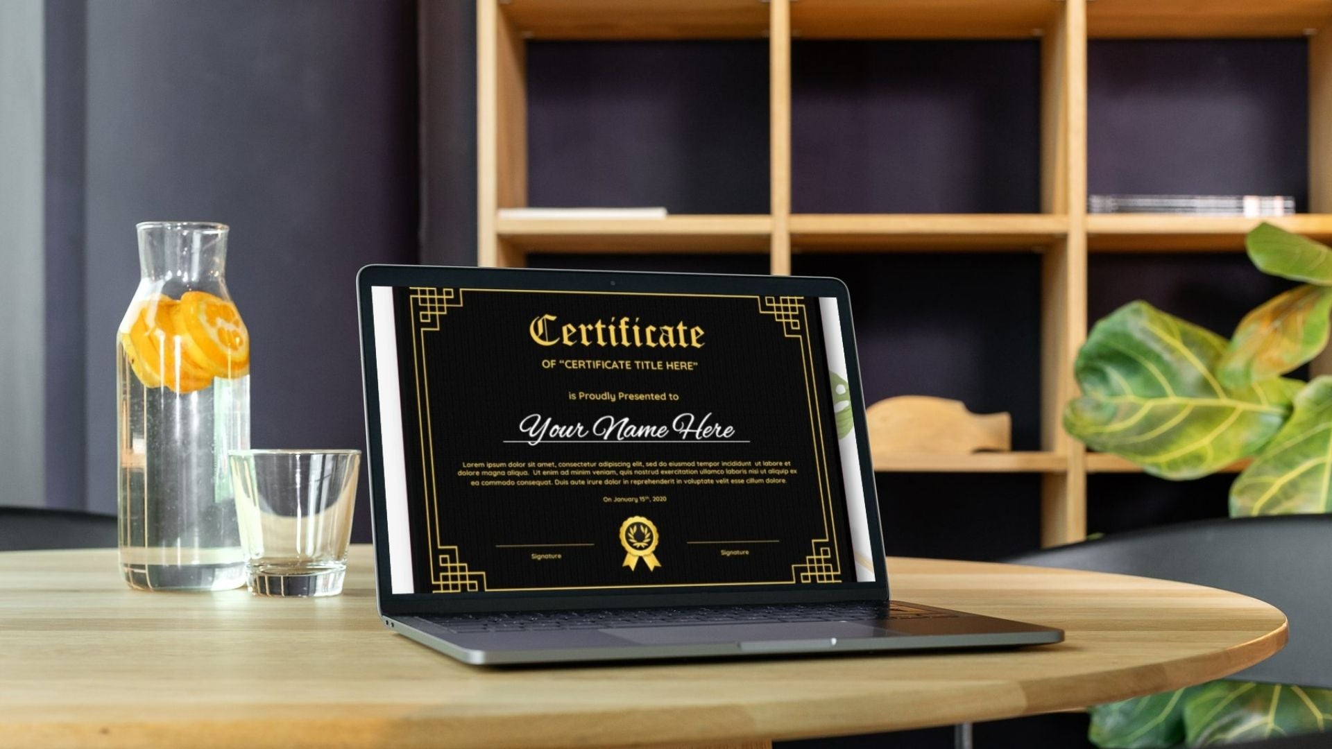 editable certificate template (black & gold) on a laptop – Word & PowerPoint 