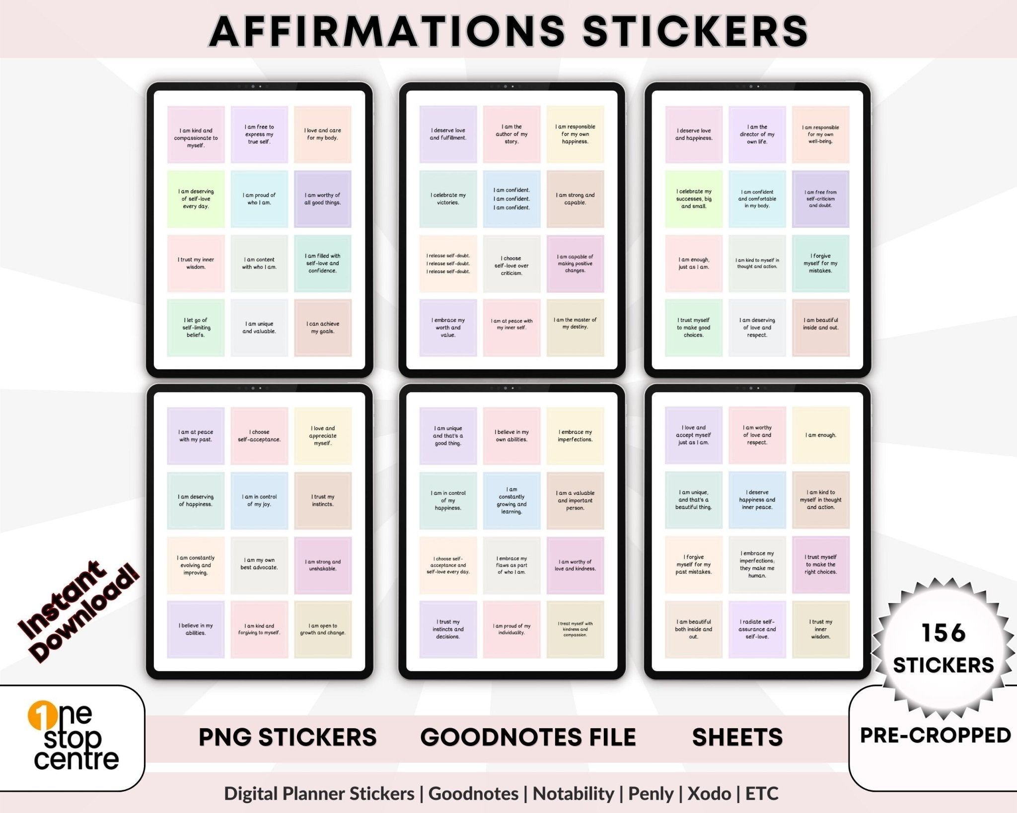 Affirmation stickers displayed in Goodnotes app