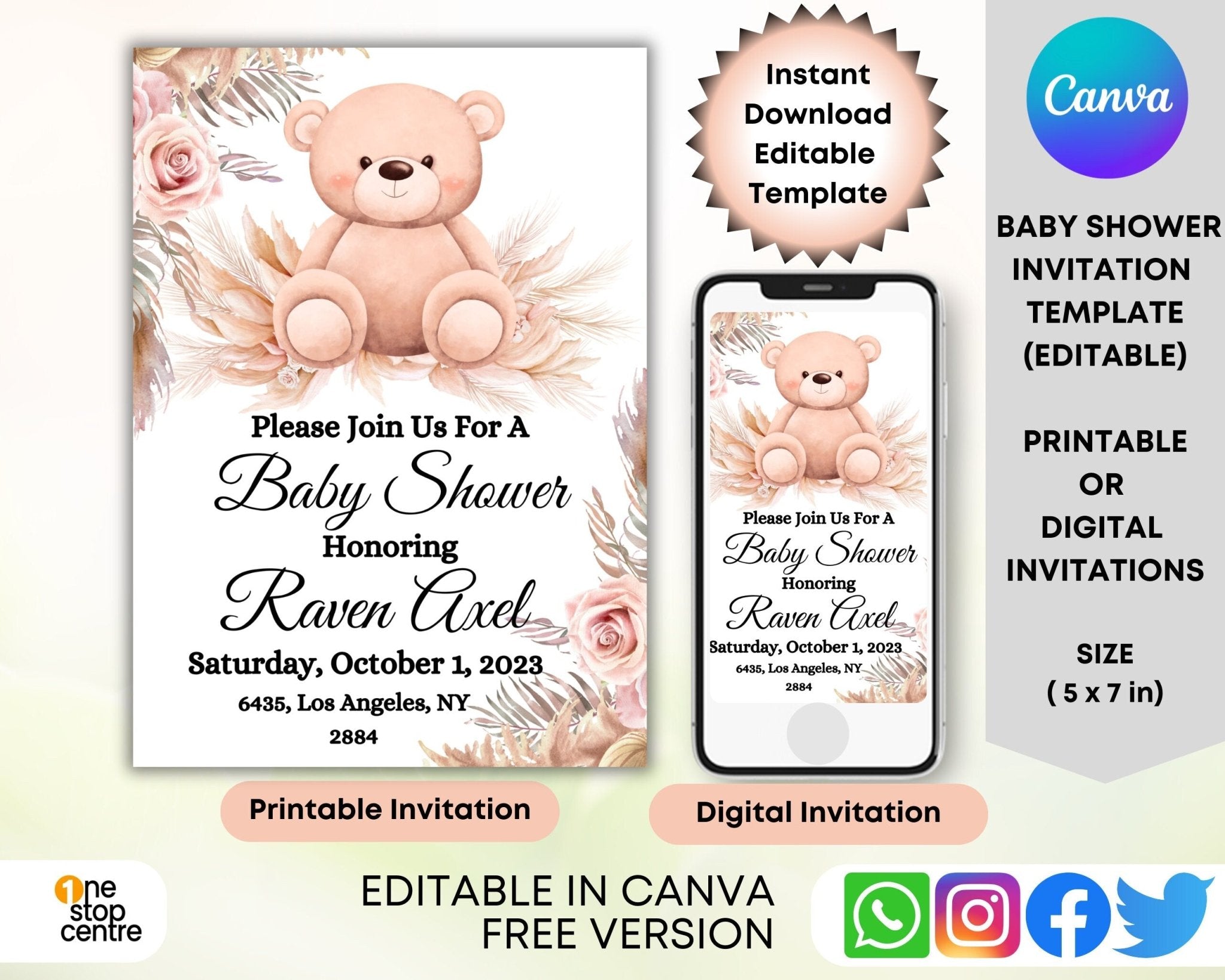 Pampas brown teddy bear baby shower invitation template