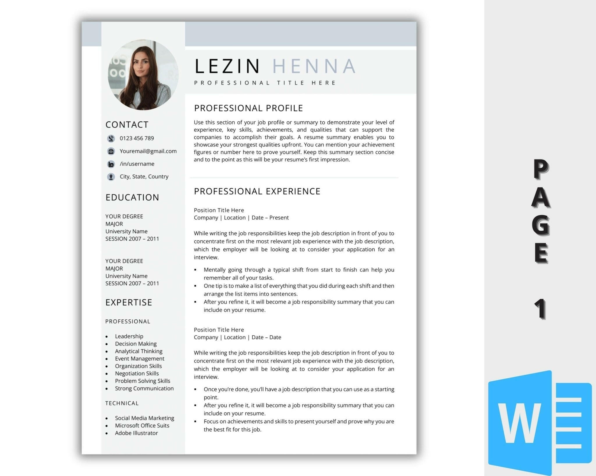 Professional CV Template with Cover Letter – Editable Word