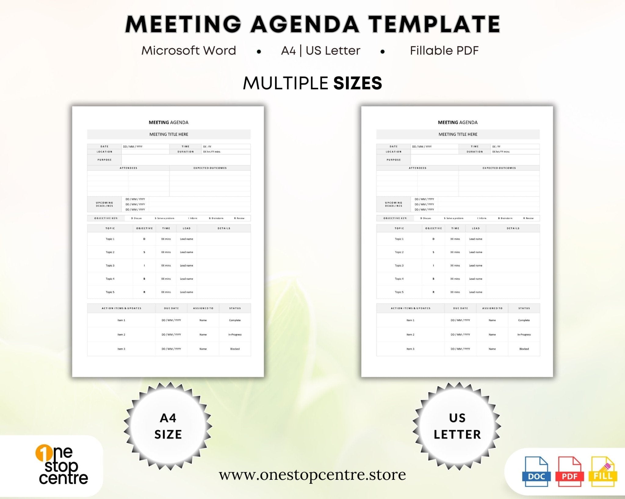Printable meeting agenda and notes templates A4 and US letter size 