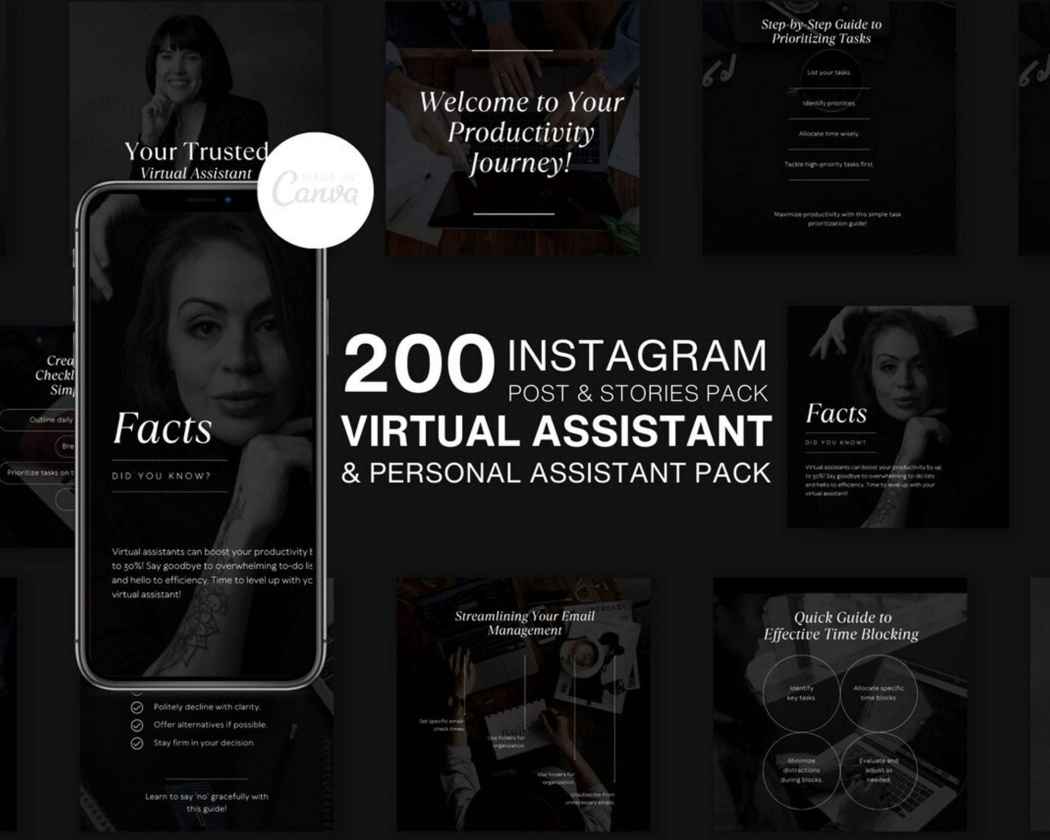 Dark theme Virtual Assistant Instagram post templates grid preview