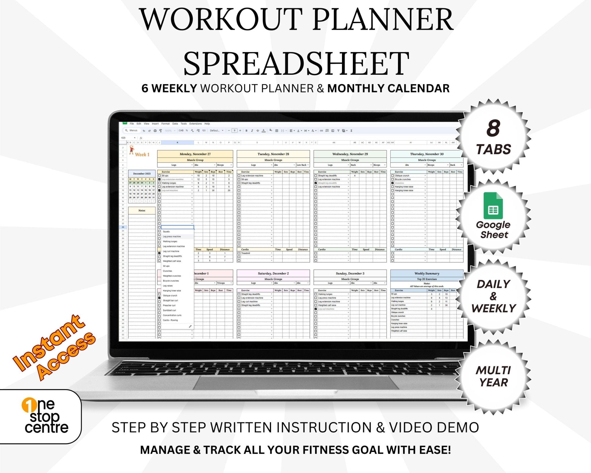 Digital fitness tracker spreadsheet in Google Sheets